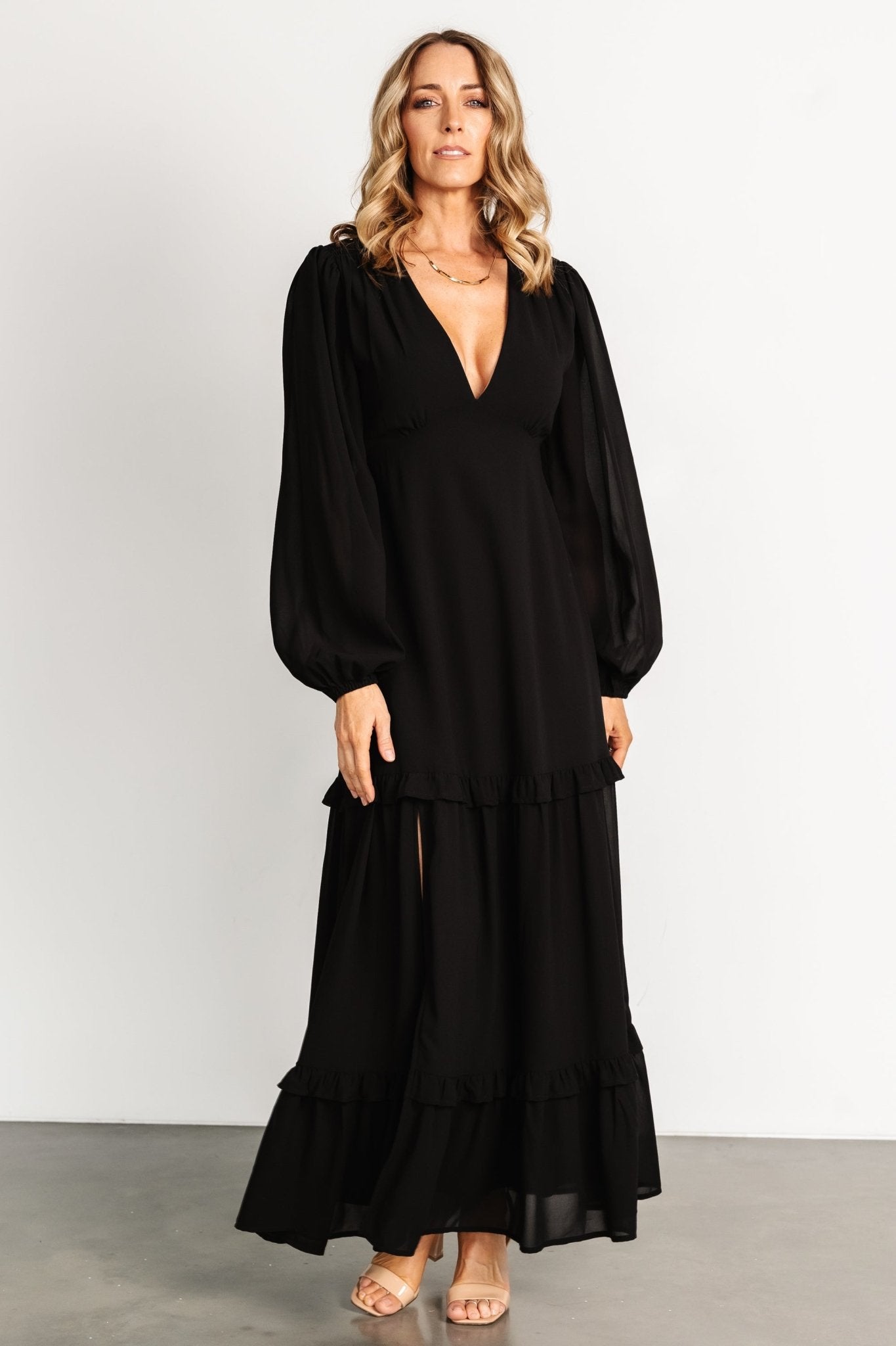 Baltic Born Black Deep V-Neck Maxi Dress with Ruffle Skirt