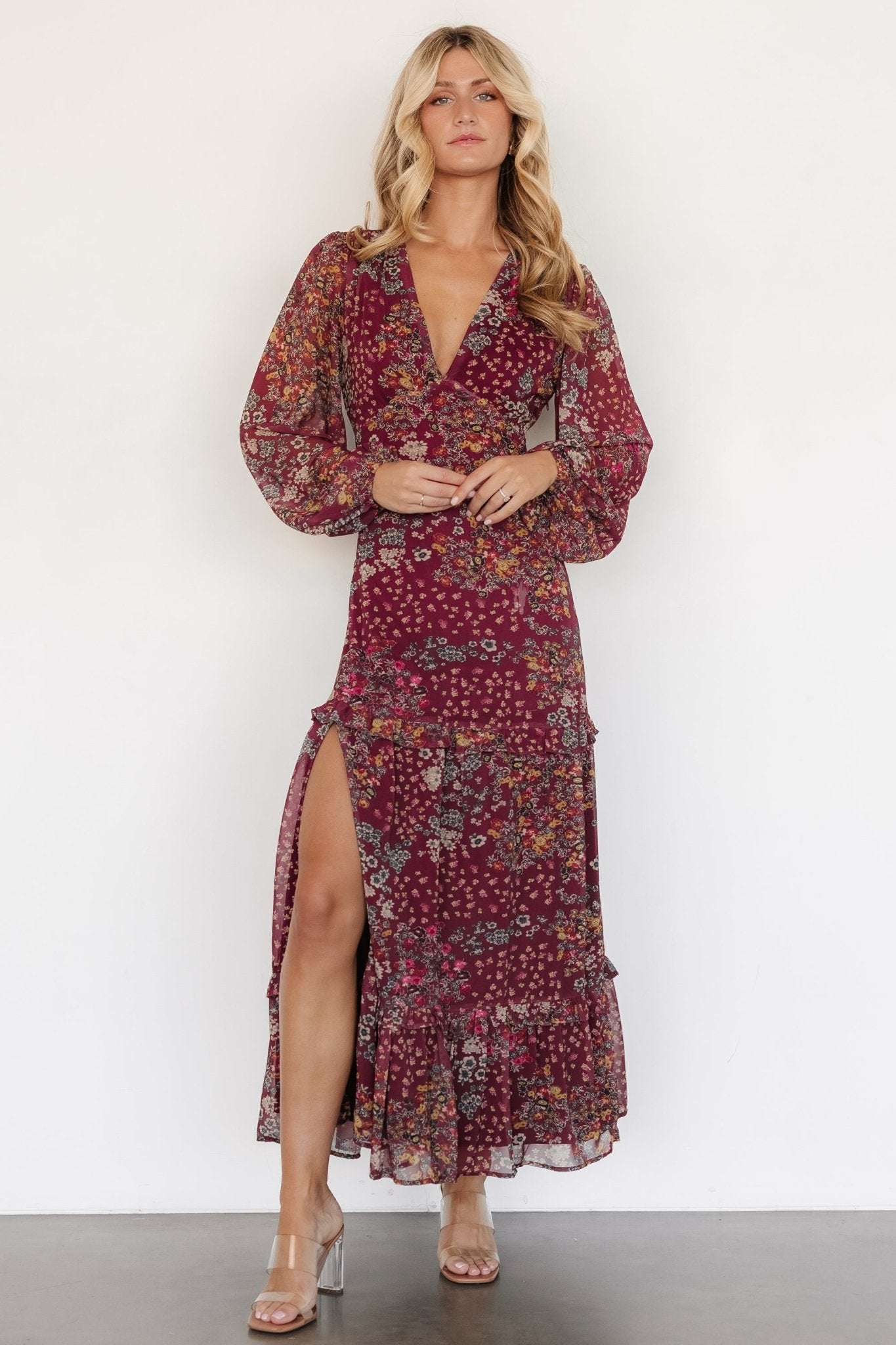 Bowman Burgundy Floral Maxi Dress with Deep V-Neck & Ruffle Skirt