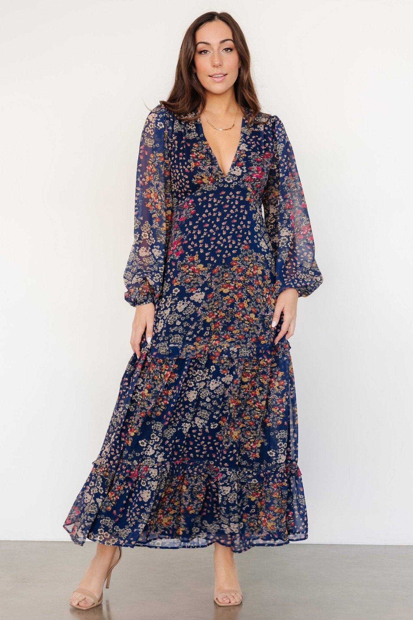 Bowman Floral Maxi Dress with Deep V-Neck & Long Sleeves