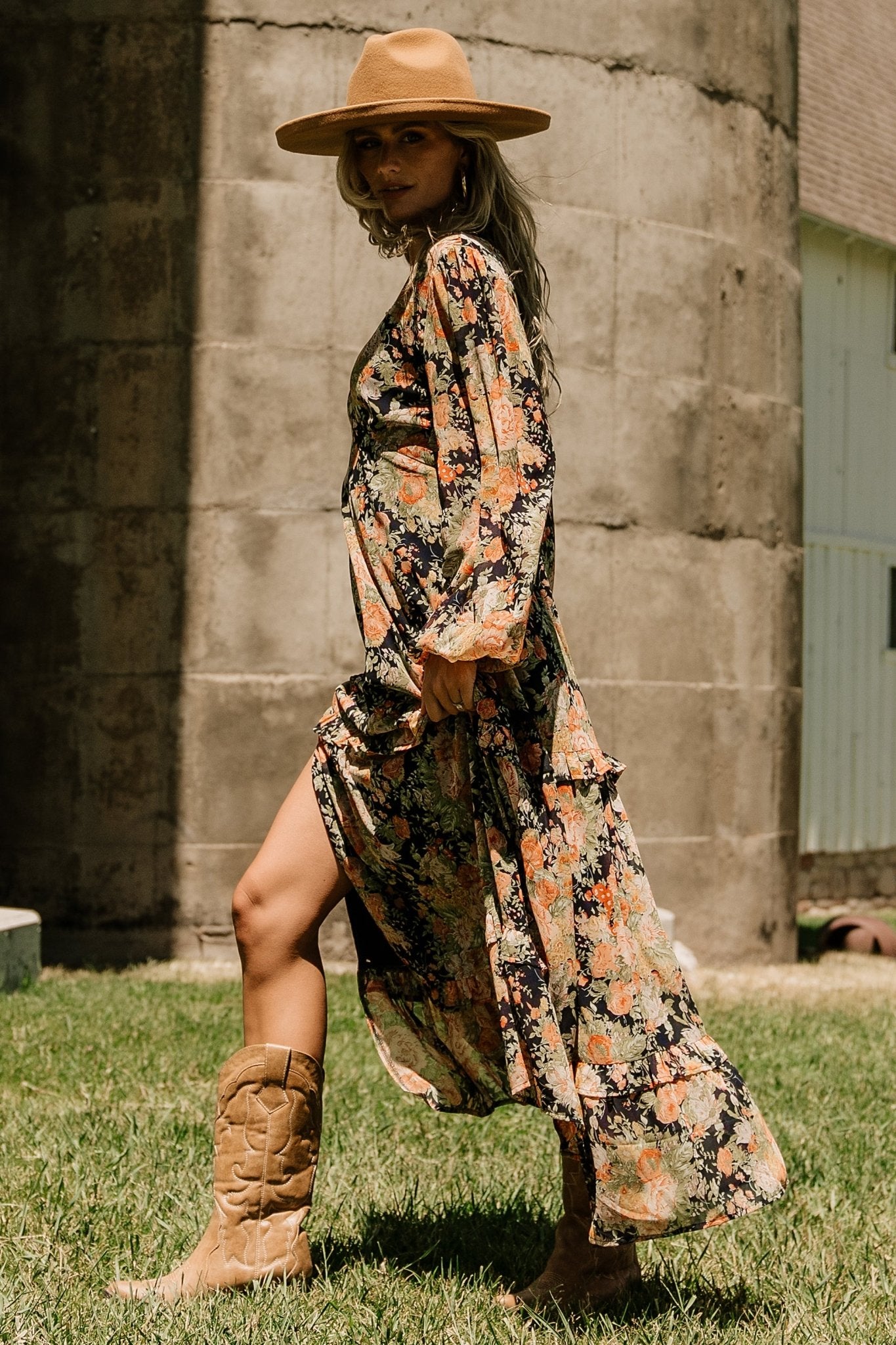 Baltic Born Navy Floral Maxi Dress with Deep V-Neck & Ruffle Skirt