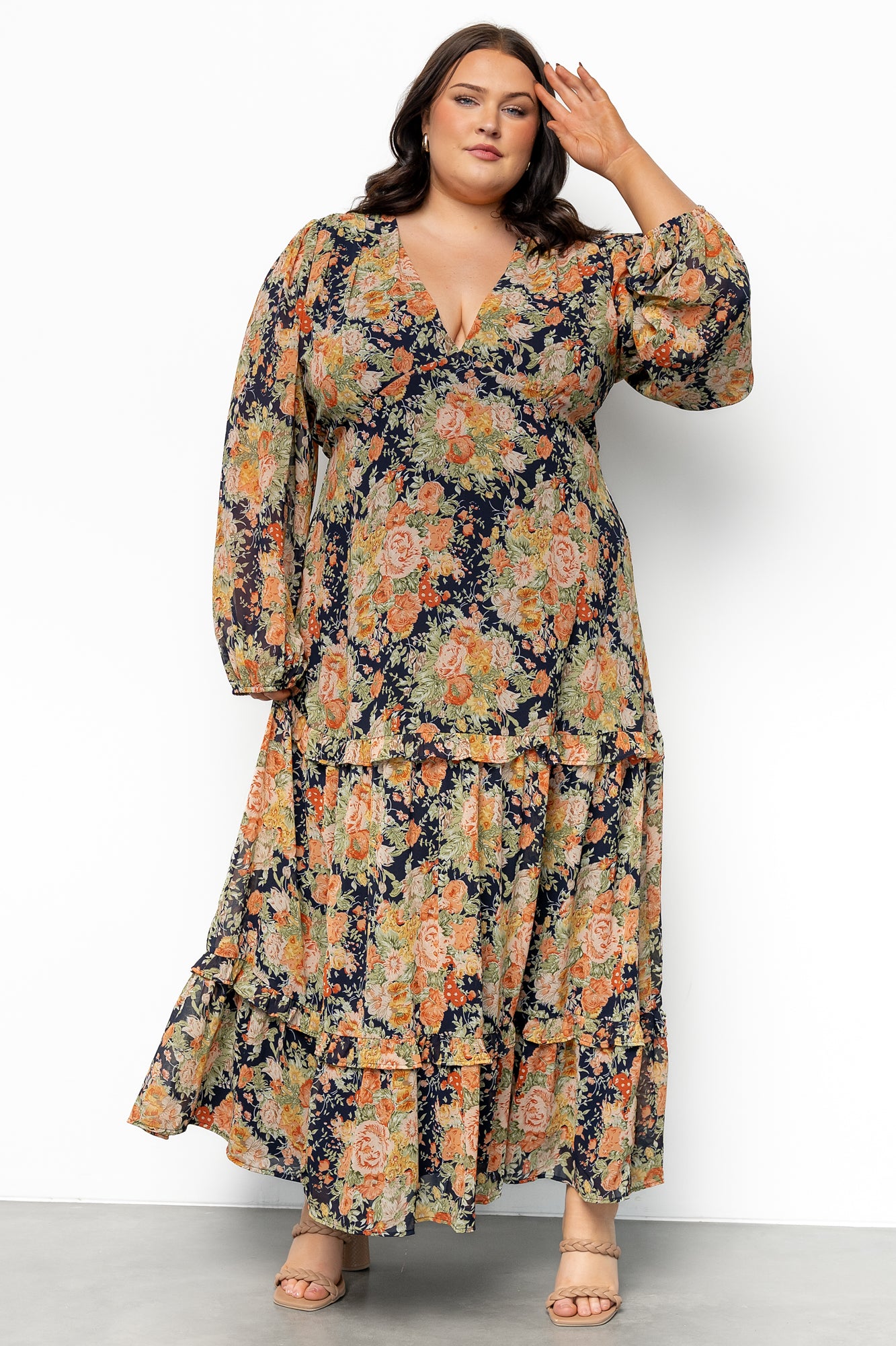 Baltic Born Navy Floral Maxi Dress with Deep V-Neck & Ruffle Skirt