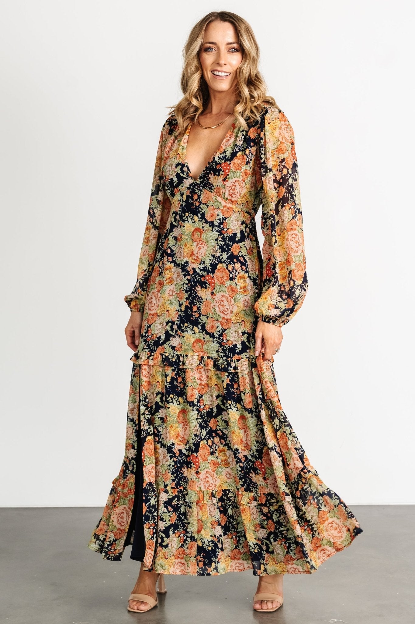 Baltic Born Navy Floral Maxi Dress with Deep V-Neck & Ruffle Skirt