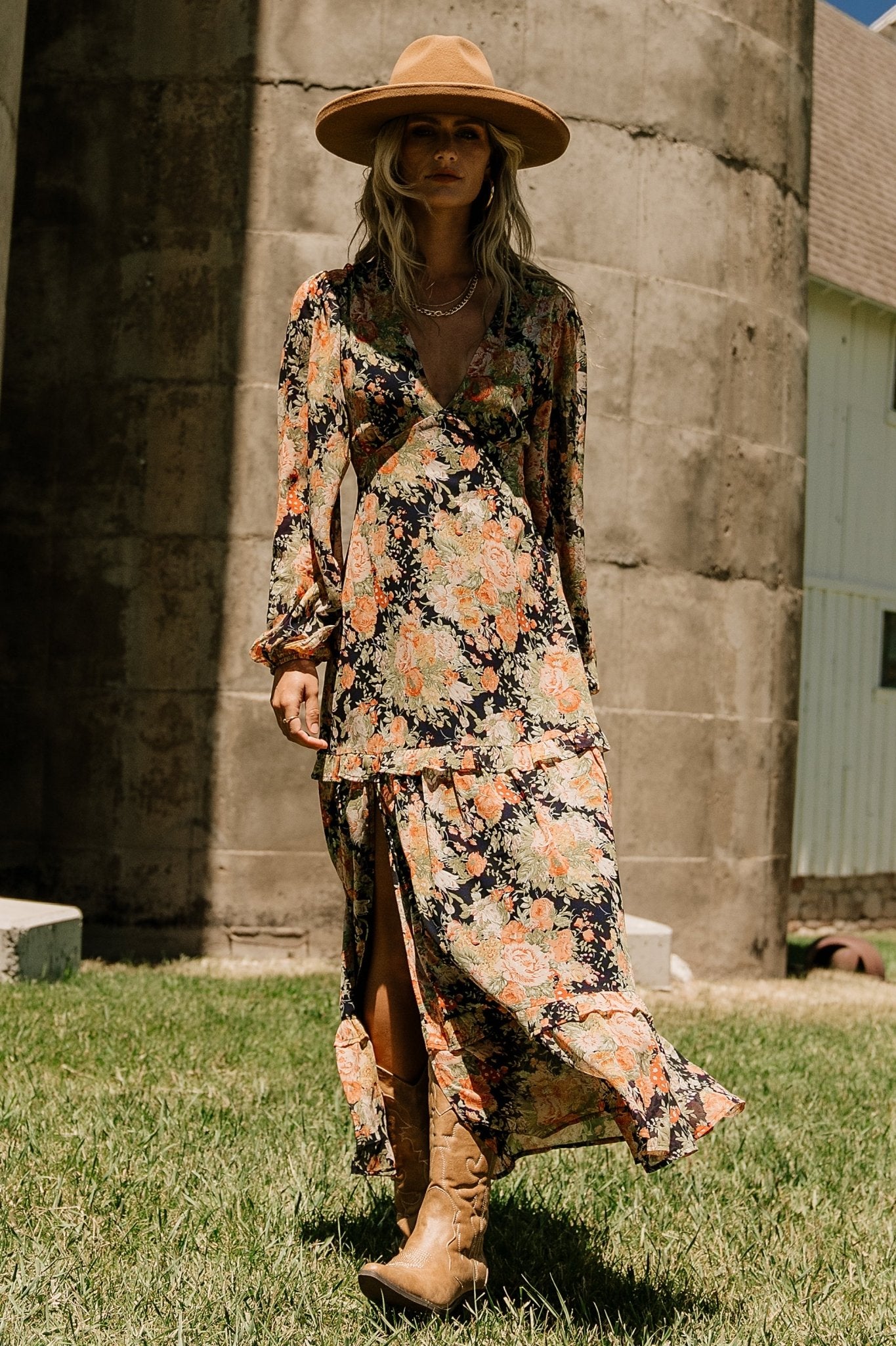 Baltic Born Navy Floral Maxi Dress with Deep V-Neck & Ruffle Skirt