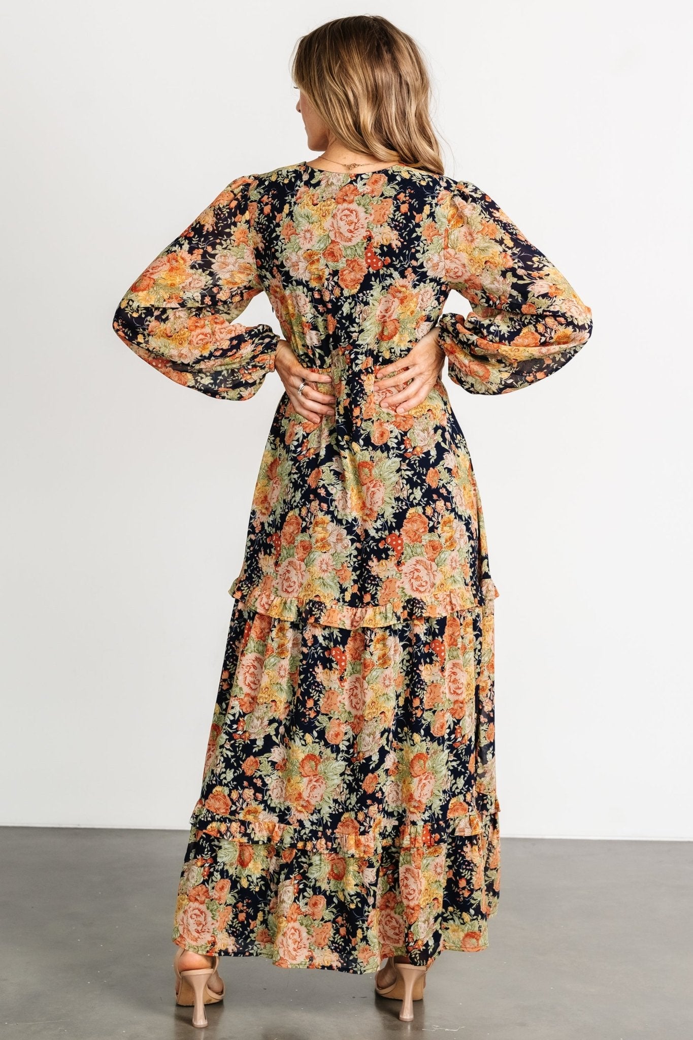 Baltic Born Navy Floral Maxi Dress with Deep V-Neck & Ruffle Skirt