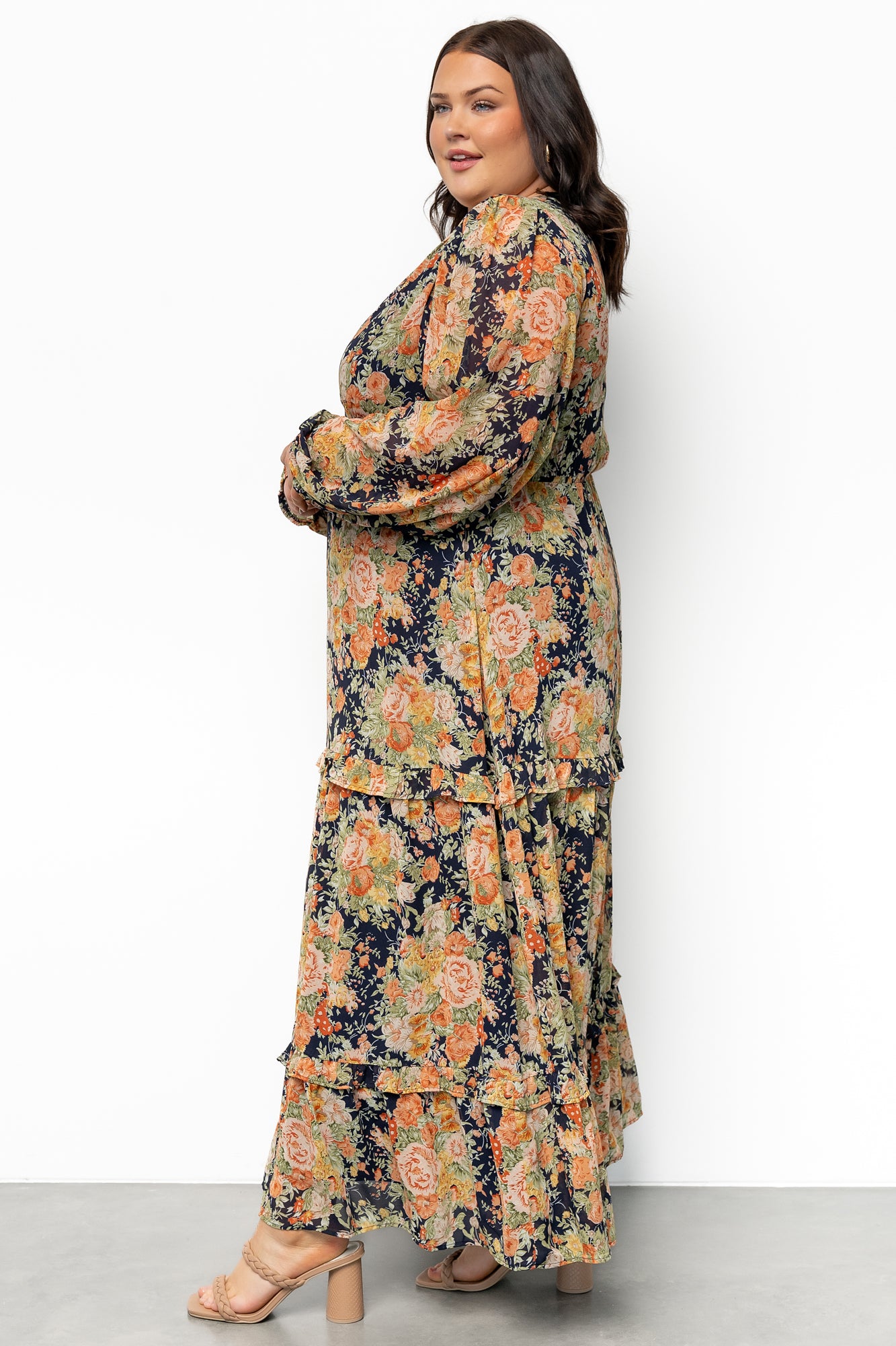 Baltic Born Navy Floral Maxi Dress with Deep V-Neck & Ruffle Skirt