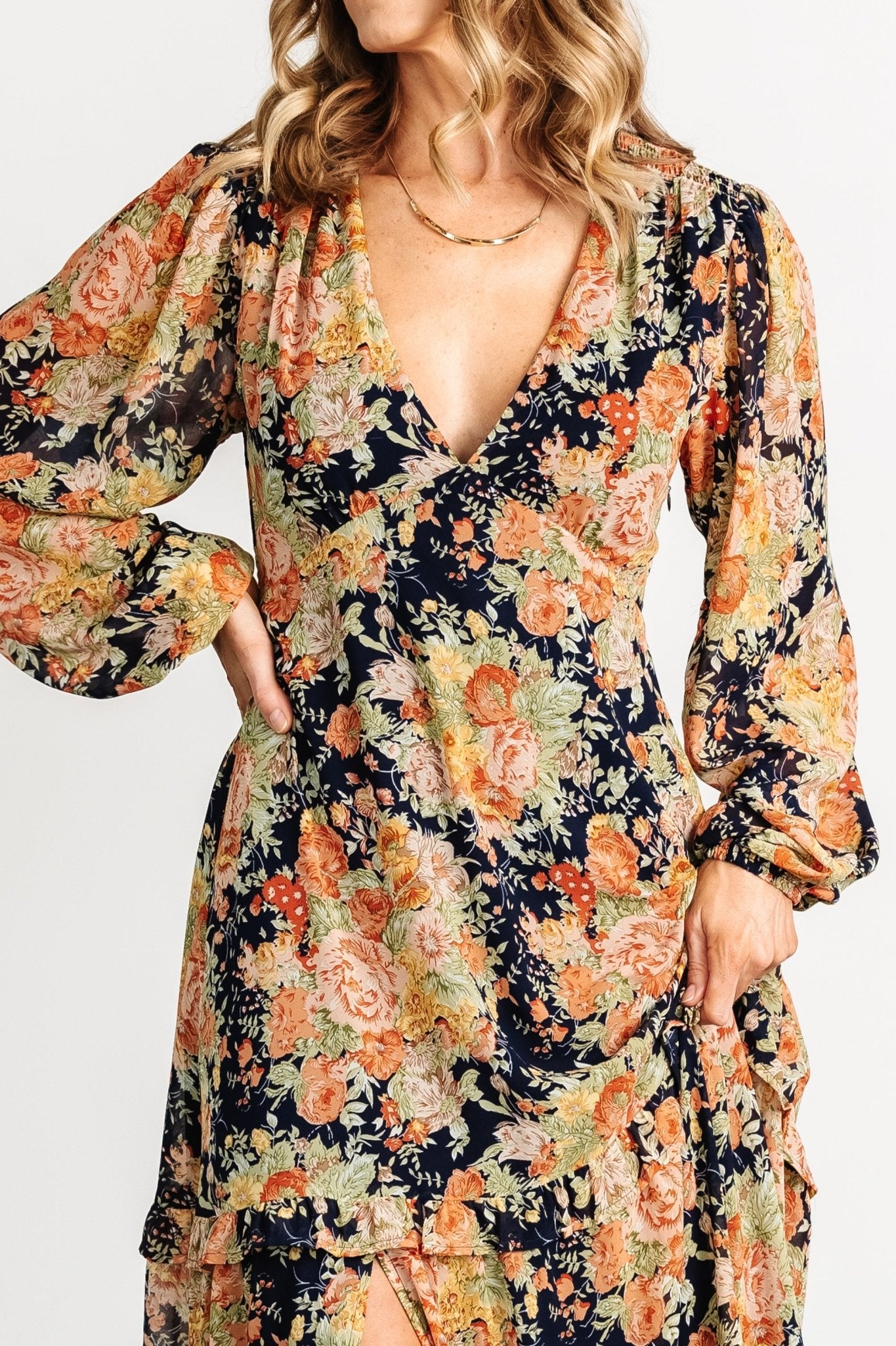 Baltic Born Navy Floral Maxi Dress with Deep V-Neck & Ruffle Skirt