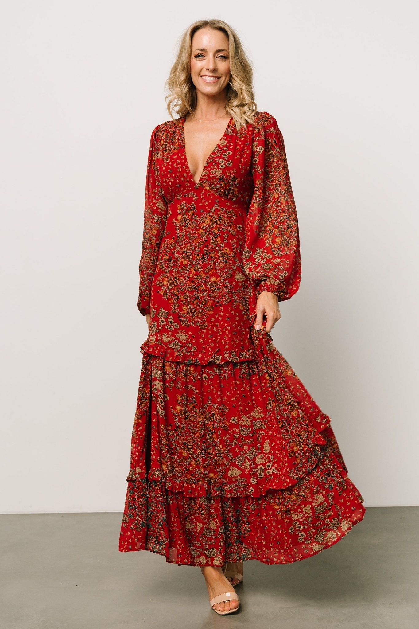 Red Floral Chiffon Maxi Dress with Deep V-Neck & Long Sleeves