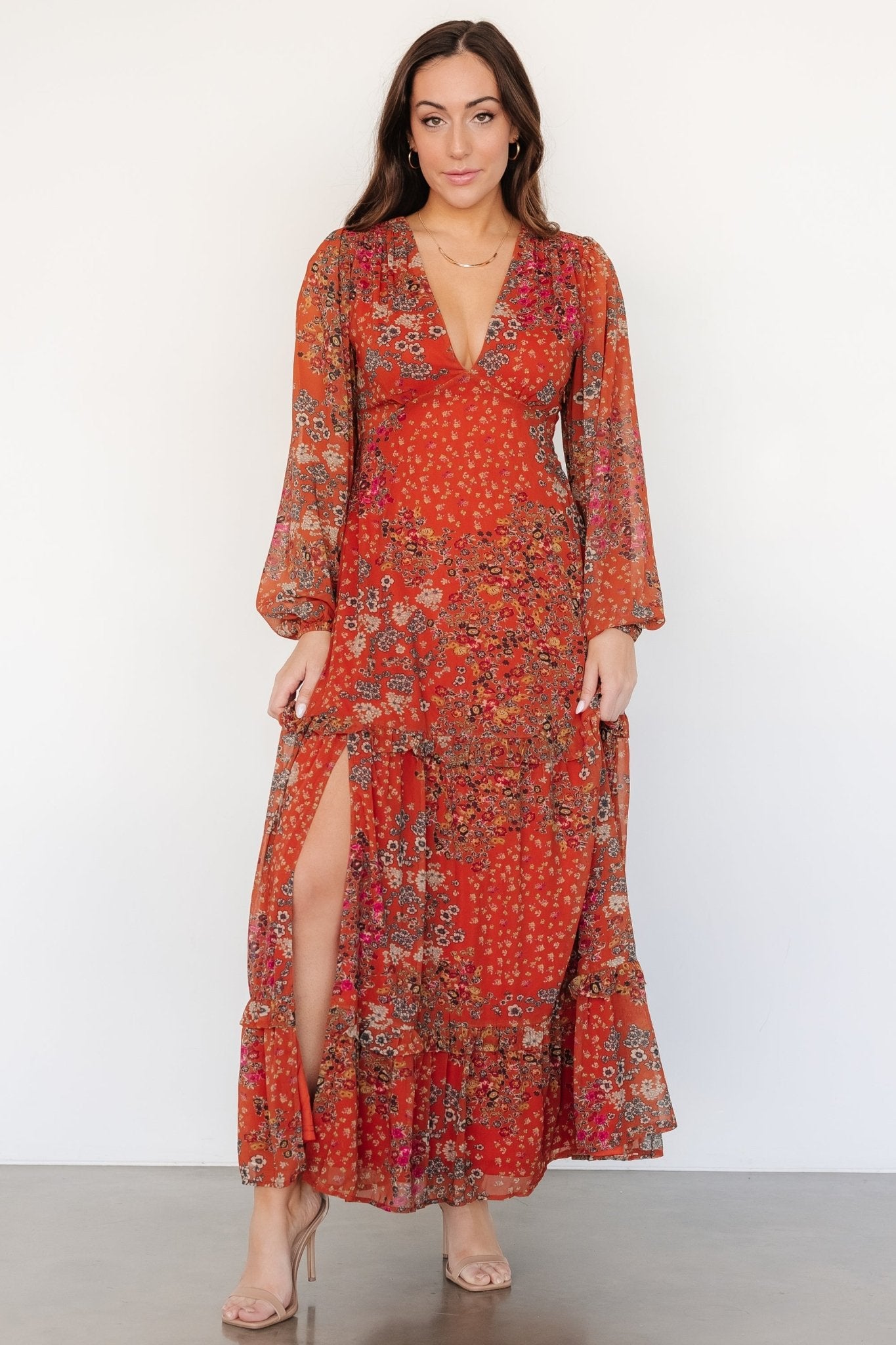 Bowman Floral Maxi Dress with Deep V-Neck & Long Sleeves