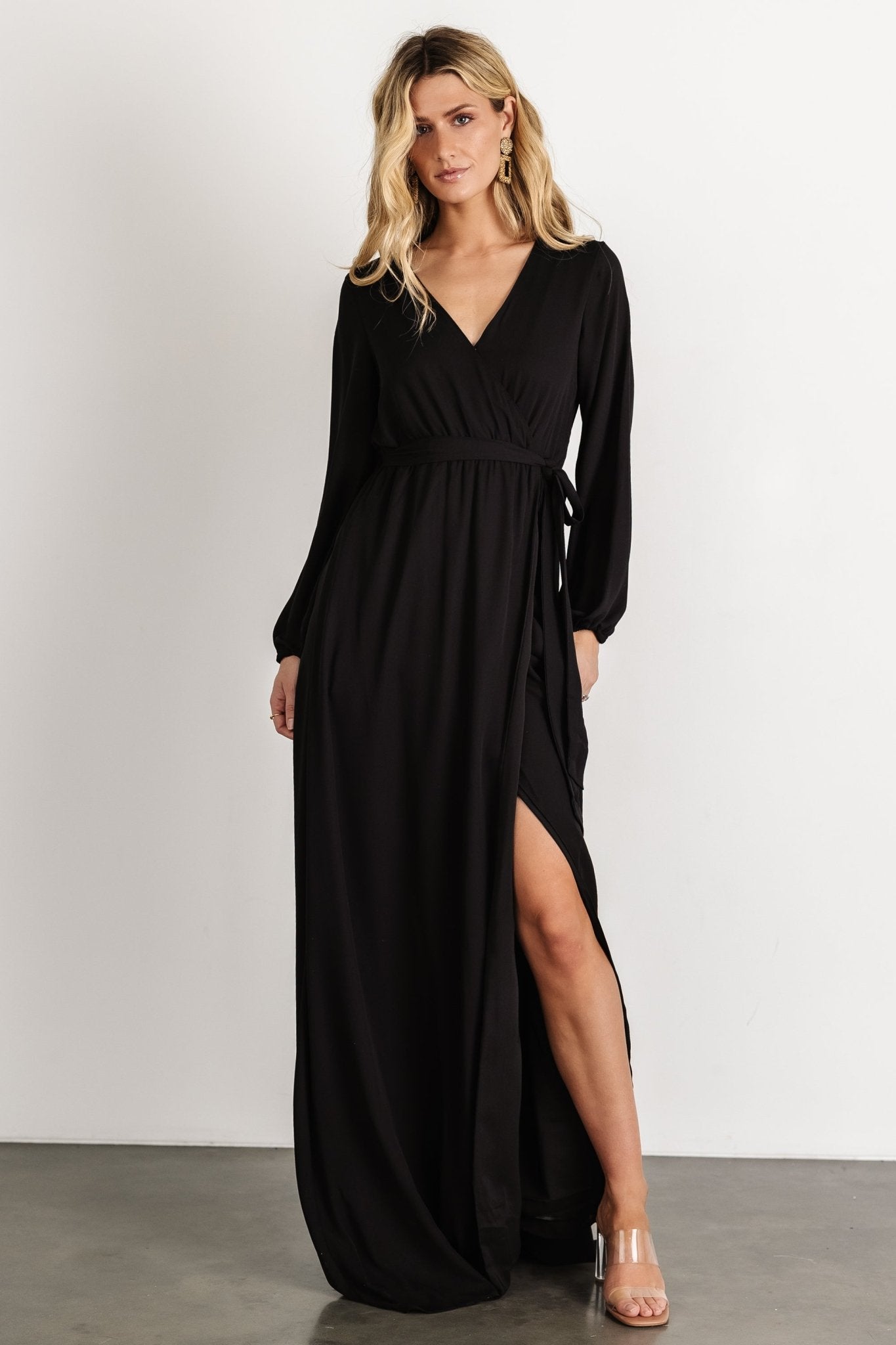 Black Faux Wrap Maxi Dress for Weddings & Nursing | Breanne