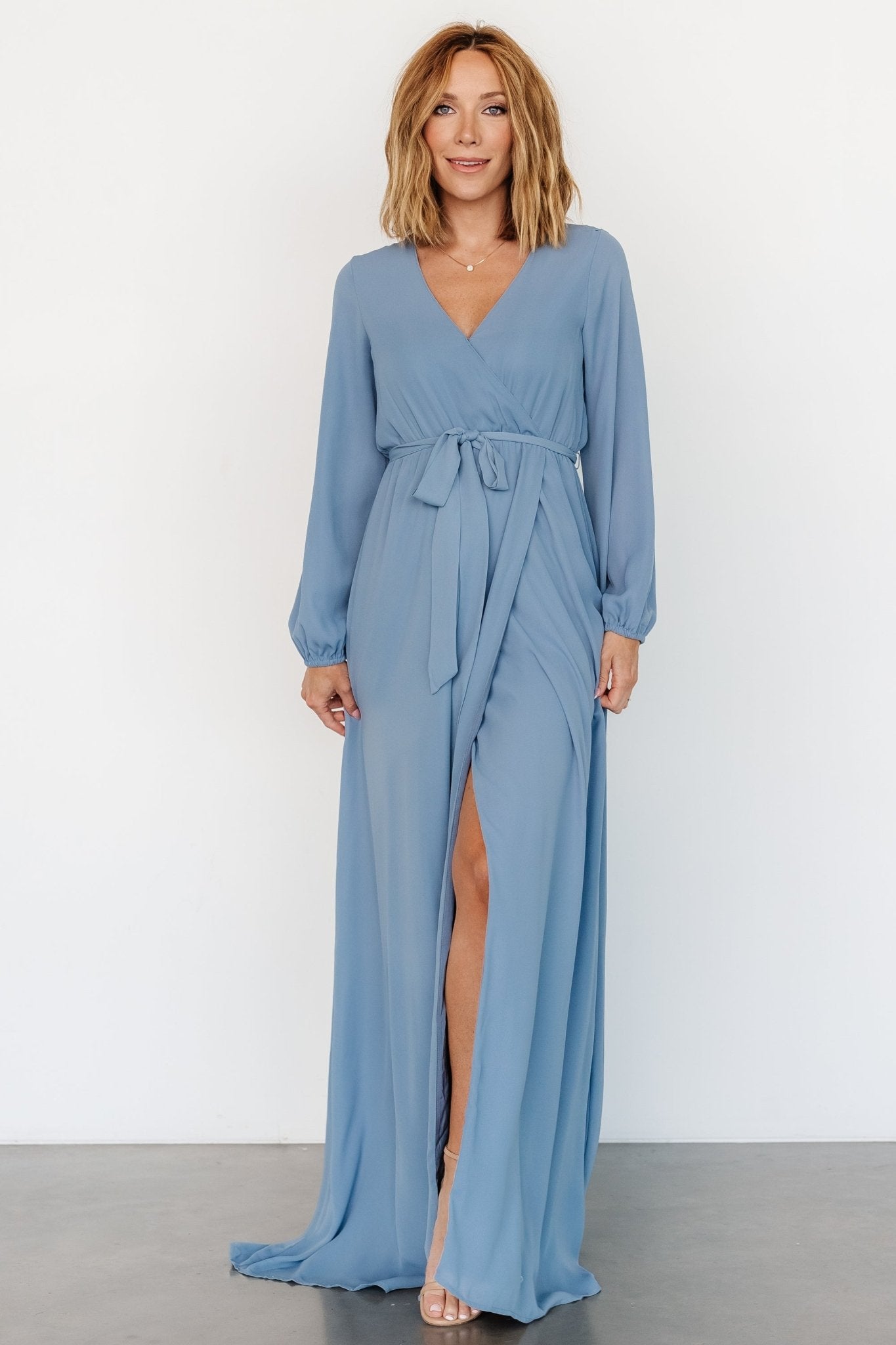 Slate Blue Faux Wrap Maxi Dress for Weddings & Nursing