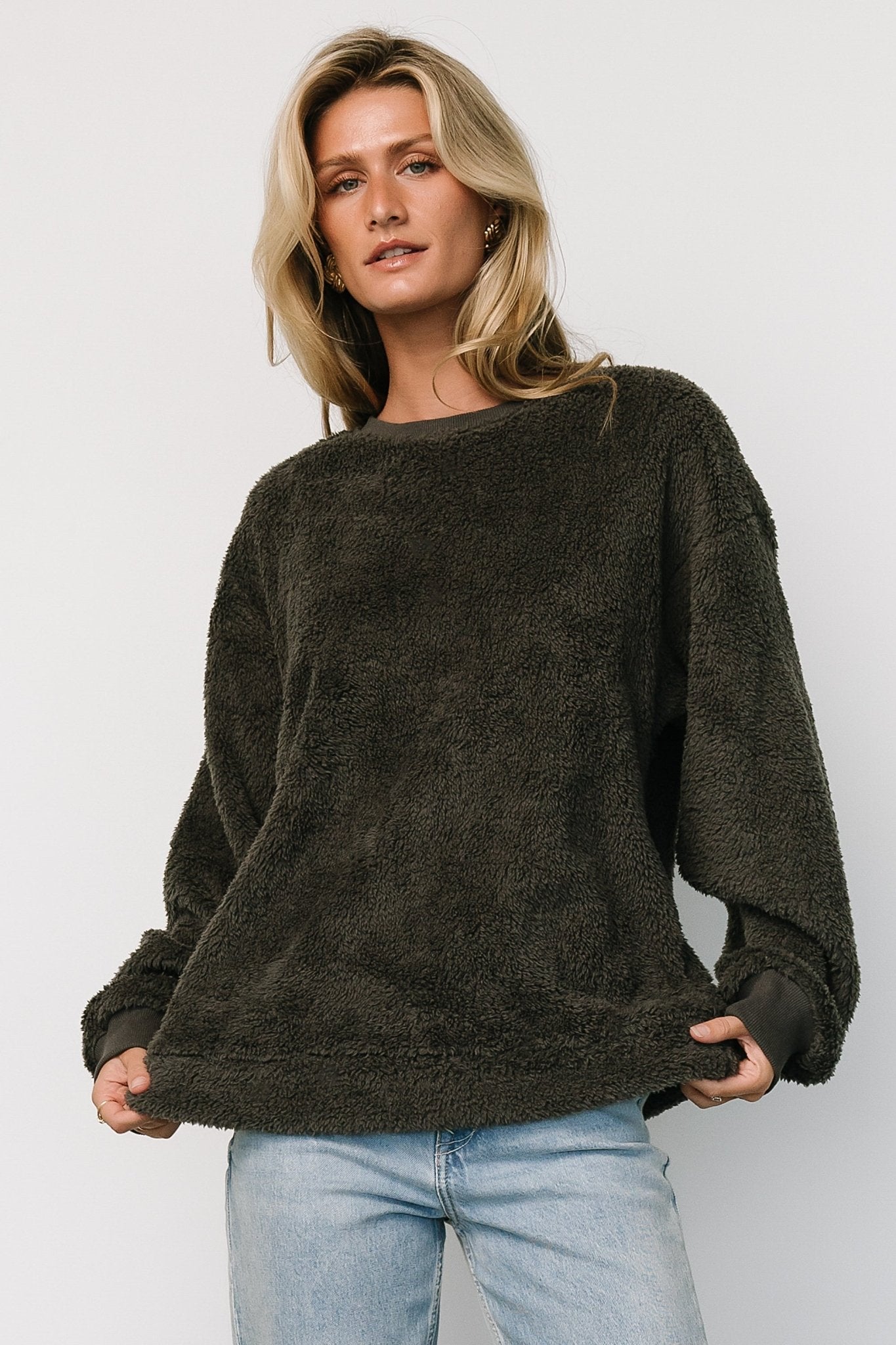 Brina Teddy Crewneck Sweater - Charcoal Gray Cozy Pullover