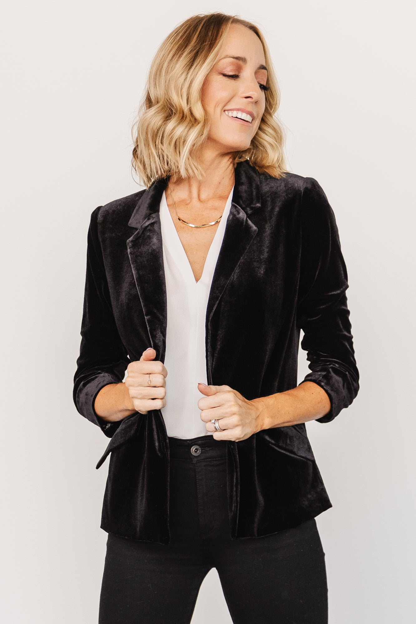 Black Velvet Blazer for Women - Brinton Luxe 3/4 Sleeve Open Front