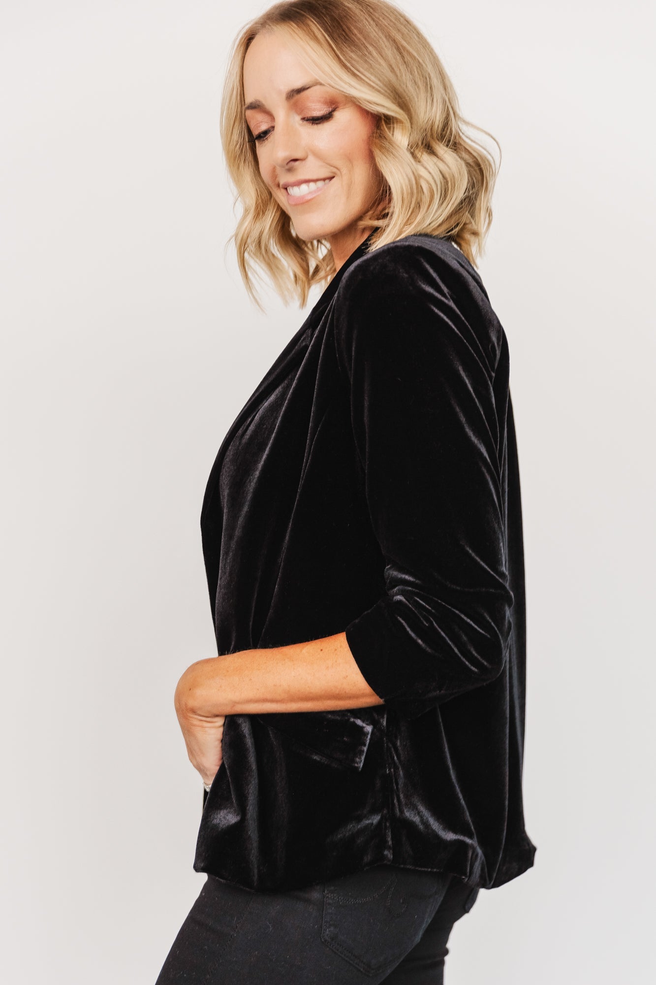 Black Velvet Blazer for Women - Brinton Luxe 3/4 Sleeve Open Front