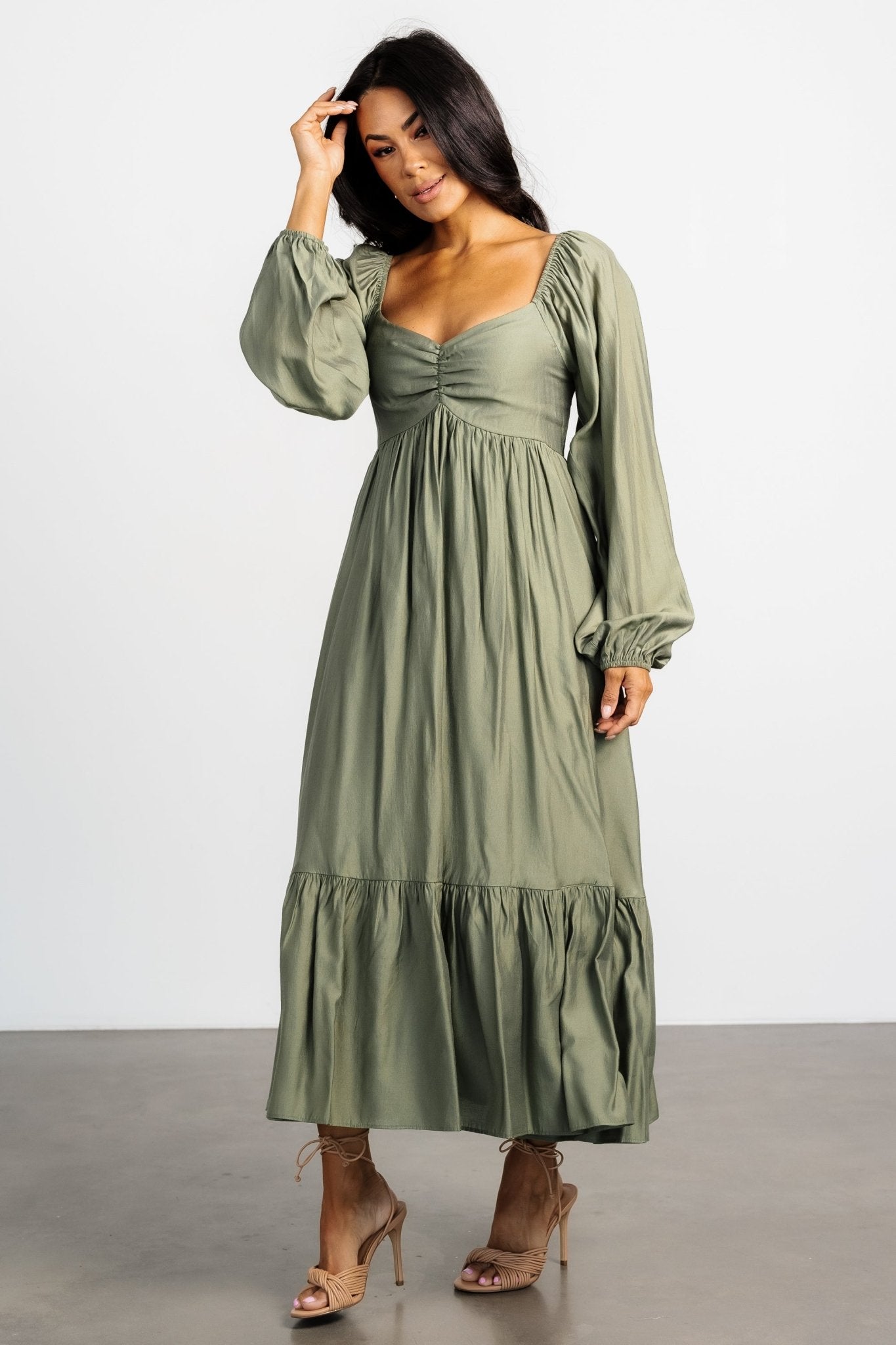 Olive Green Brittany Long Sleeve Midi Dress with Pockets