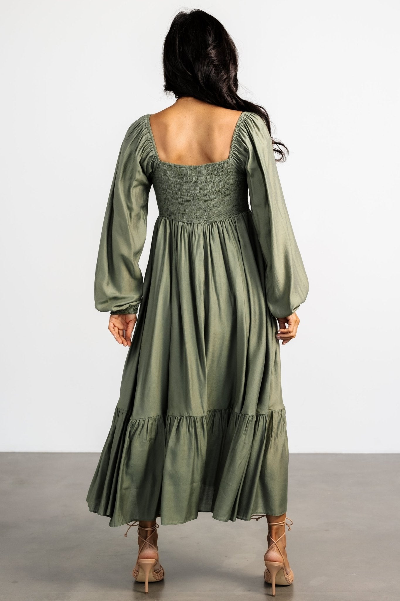 Olive Green Brittany Long Sleeve Midi Dress with Pockets