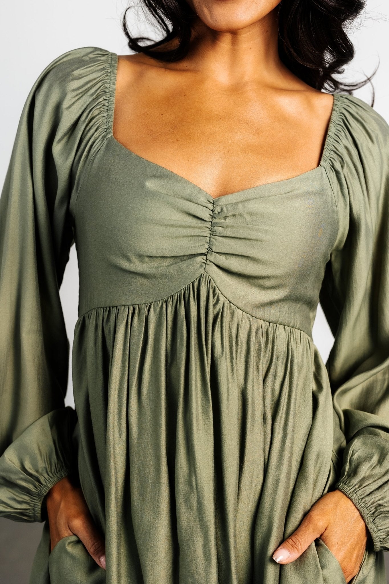 Olive Green Brittany Long Sleeve Midi Dress with Pockets