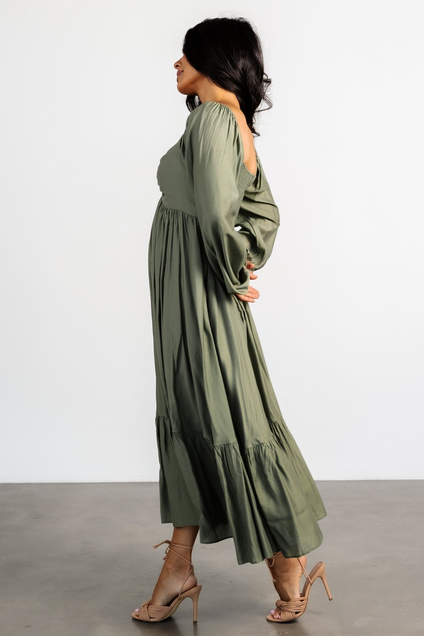 Olive Green Brittany Long Sleeve Midi Dress with Pockets