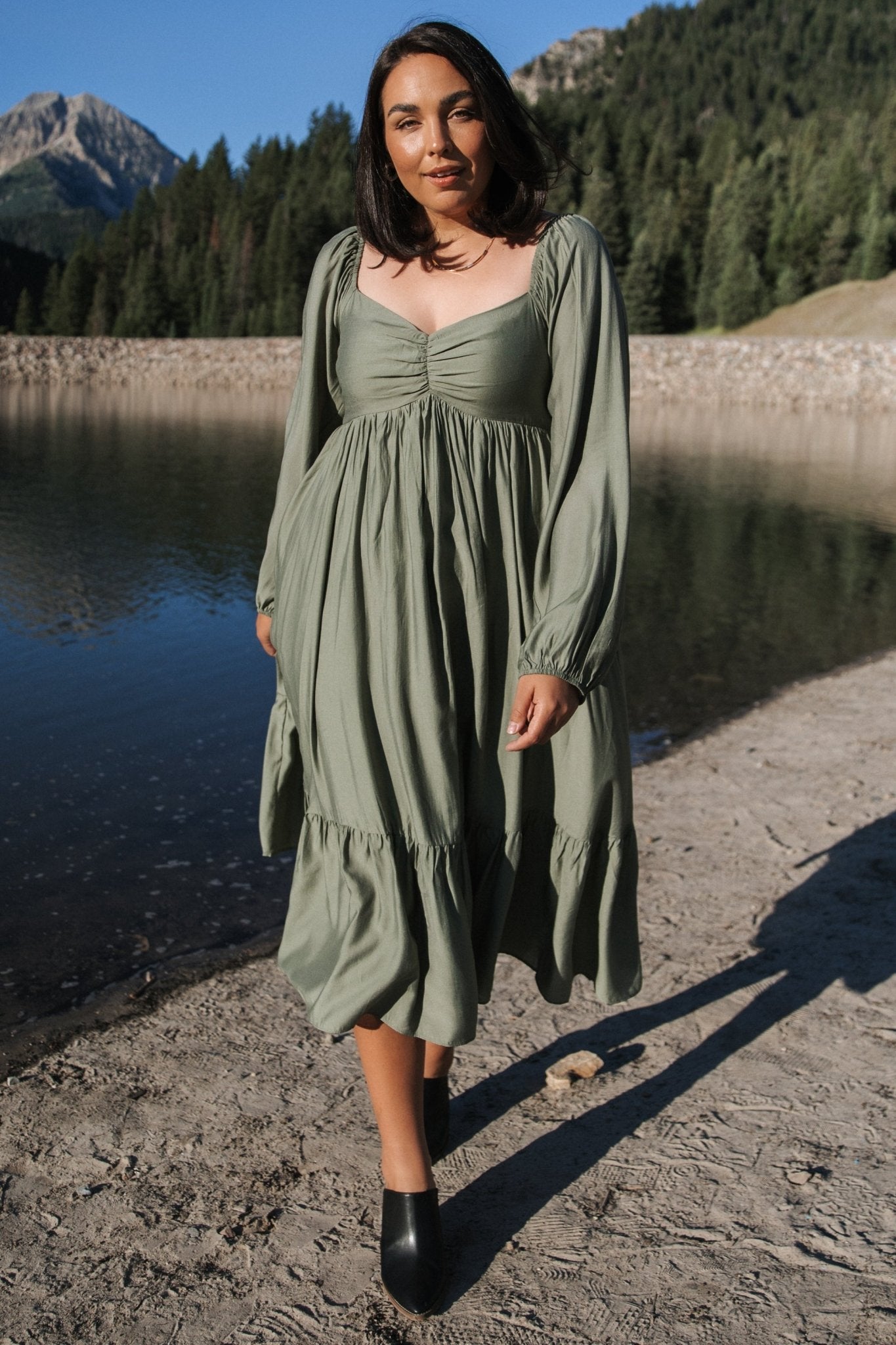 Olive Green Brittany Long Sleeve Midi Dress with Pockets