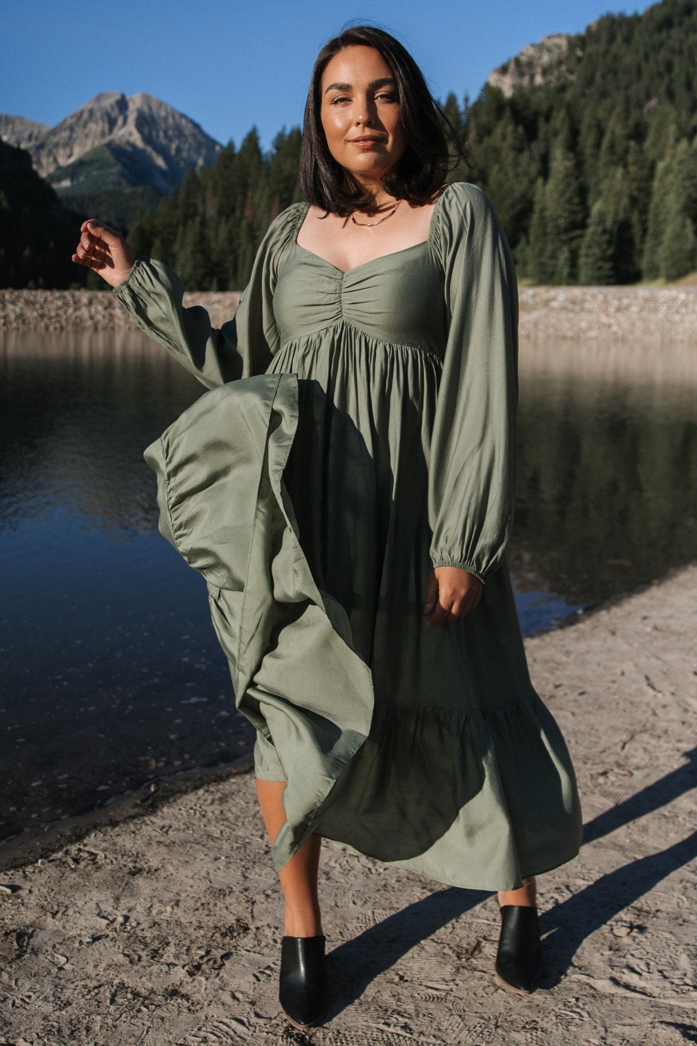 Olive Green Brittany Long Sleeve Midi Dress with Pockets