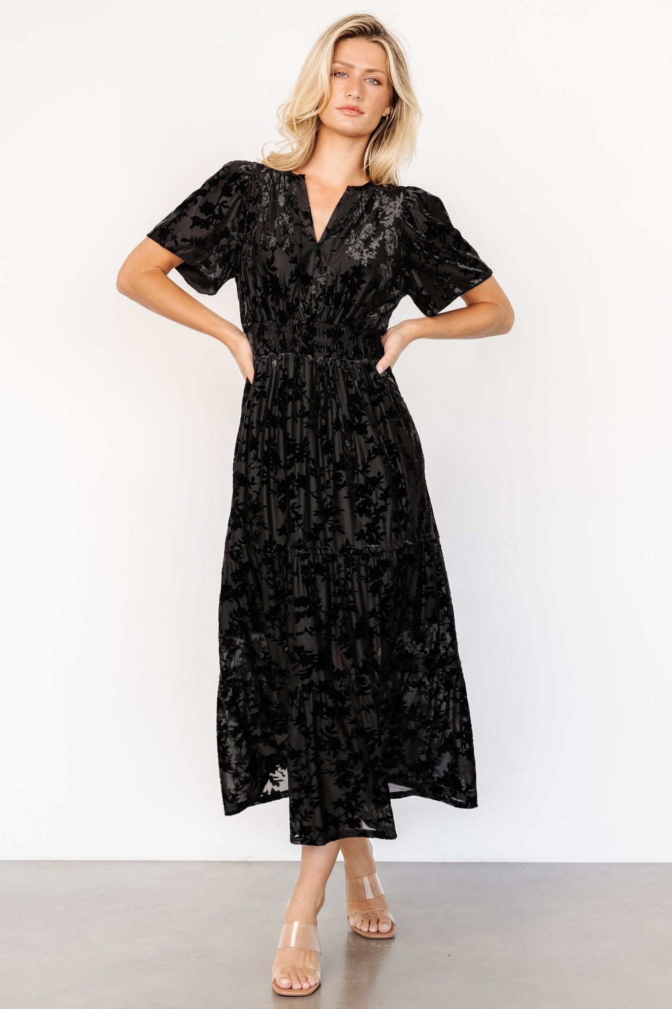 Bronwyn Black Velvet Tiered Dress with Pockets for Special Occasions