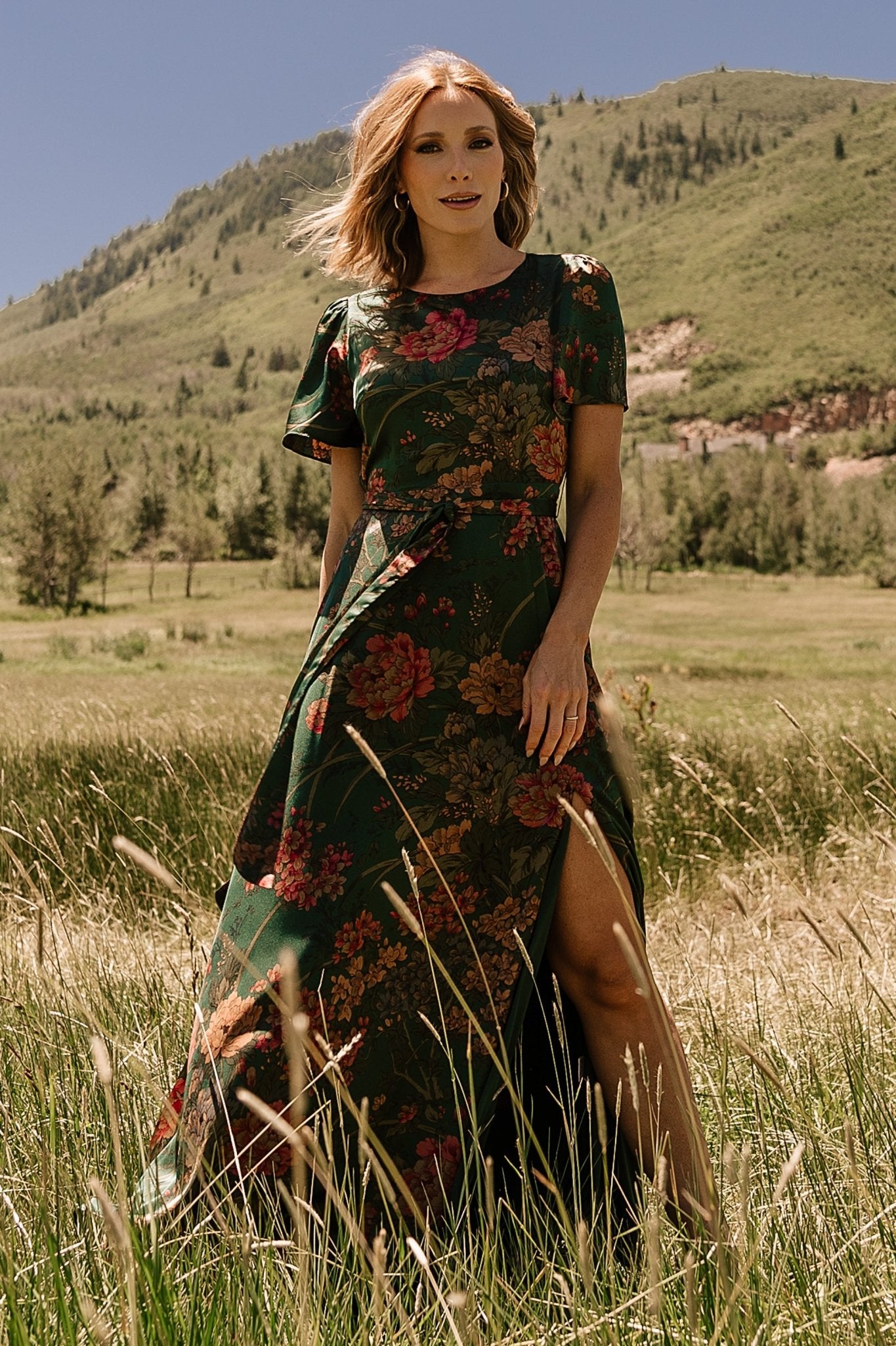 Baltic Born Agnes Dark Green Floral Satin Maxi Dress