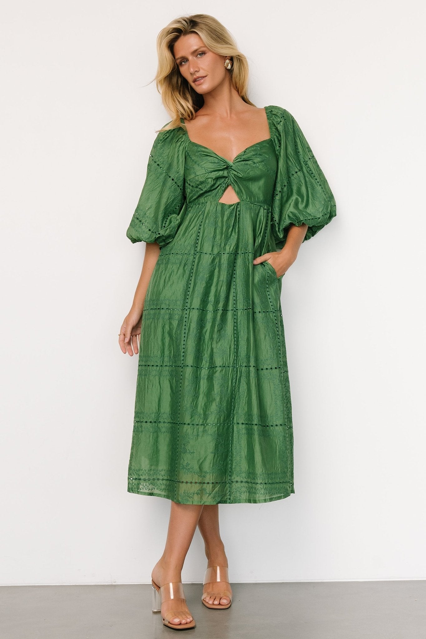 Brynn Green Midi Dress with Puff Sleeves & Side Pockets