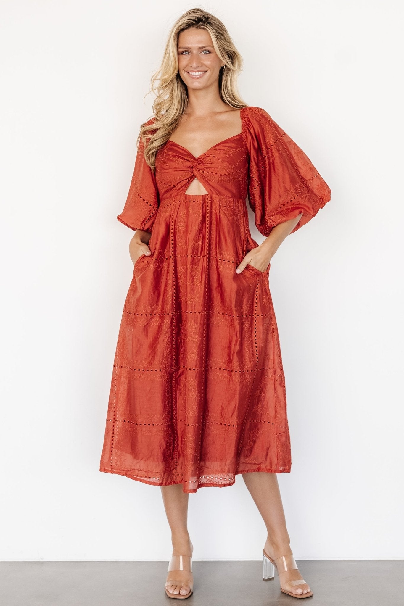 Brynn Rust Orange Midi Dress with Sweetheart Neckline & Pockets