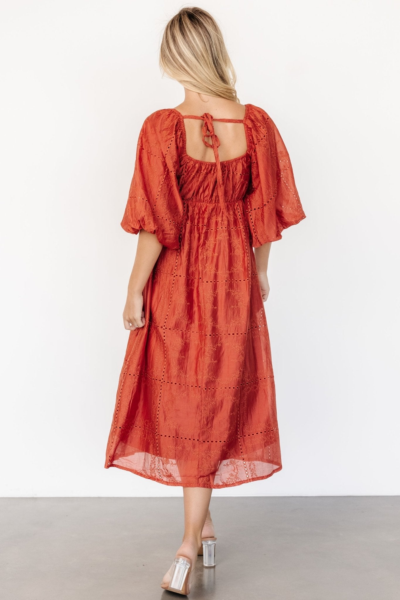 Brynn Rust Orange Midi Dress with Sweetheart Neckline & Pockets