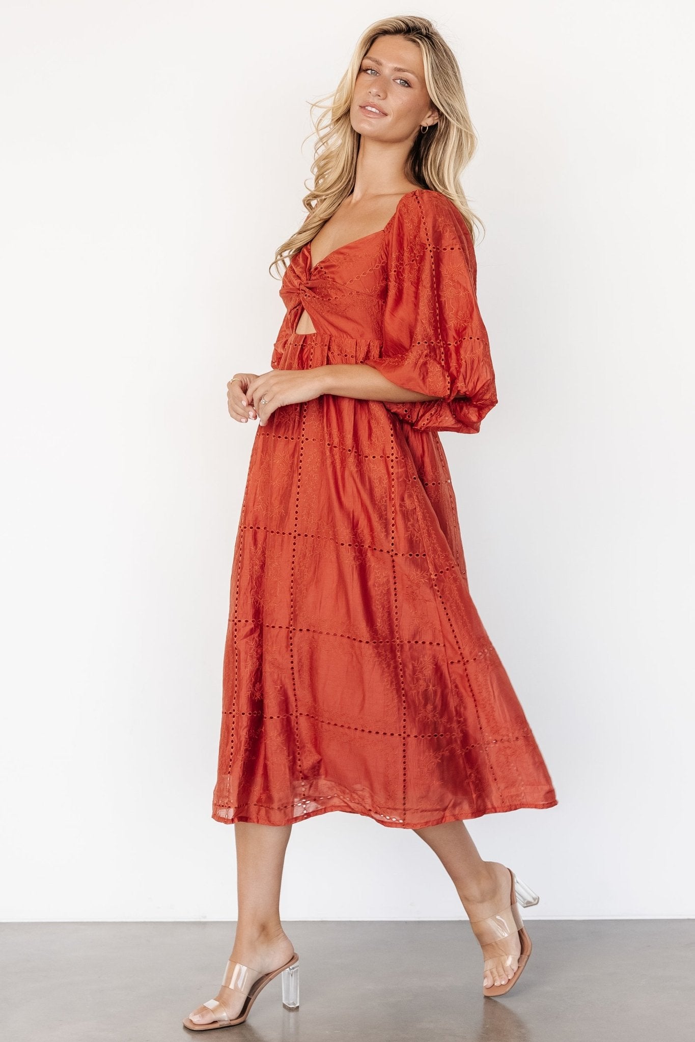 Brynn Rust Orange Midi Dress with Sweetheart Neckline & Pockets