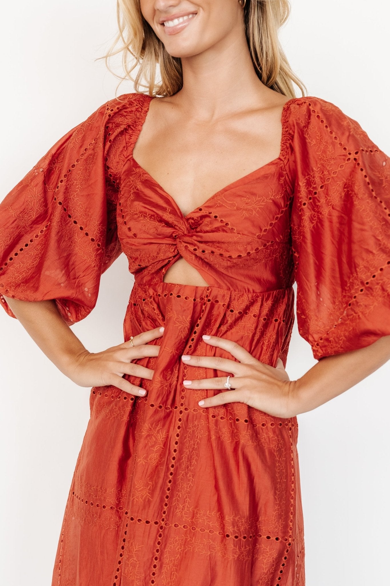 Brynn Rust Orange Midi Dress with Sweetheart Neckline & Pockets