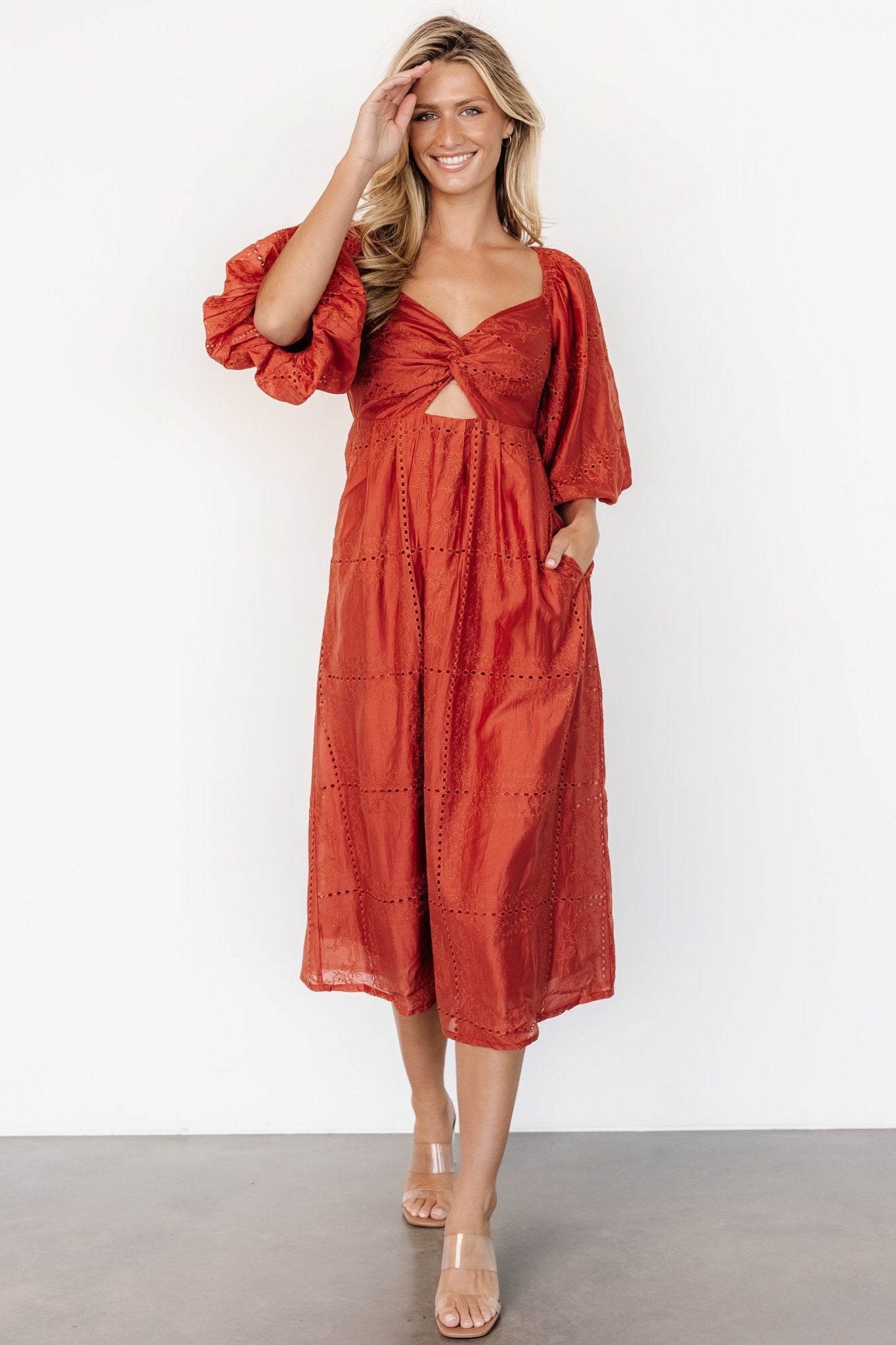Brynn Rust Orange Midi Dress with Sweetheart Neckline & Pockets