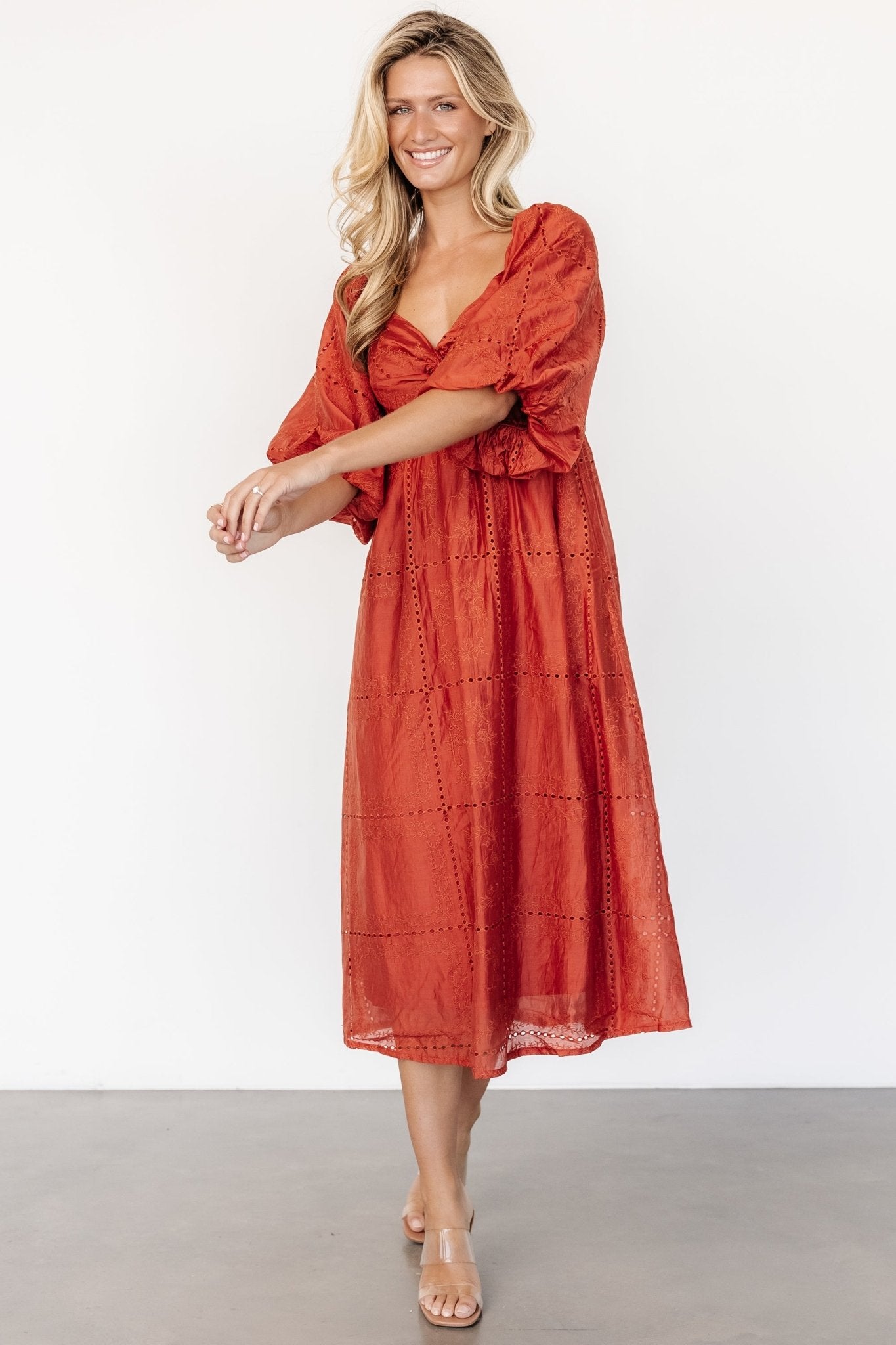 Brynn Rust Orange Midi Dress with Sweetheart Neckline & Pockets