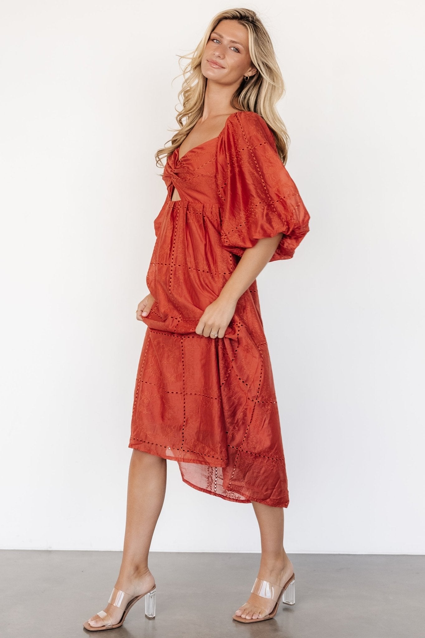 Brynn Rust Orange Midi Dress with Sweetheart Neckline & Pockets