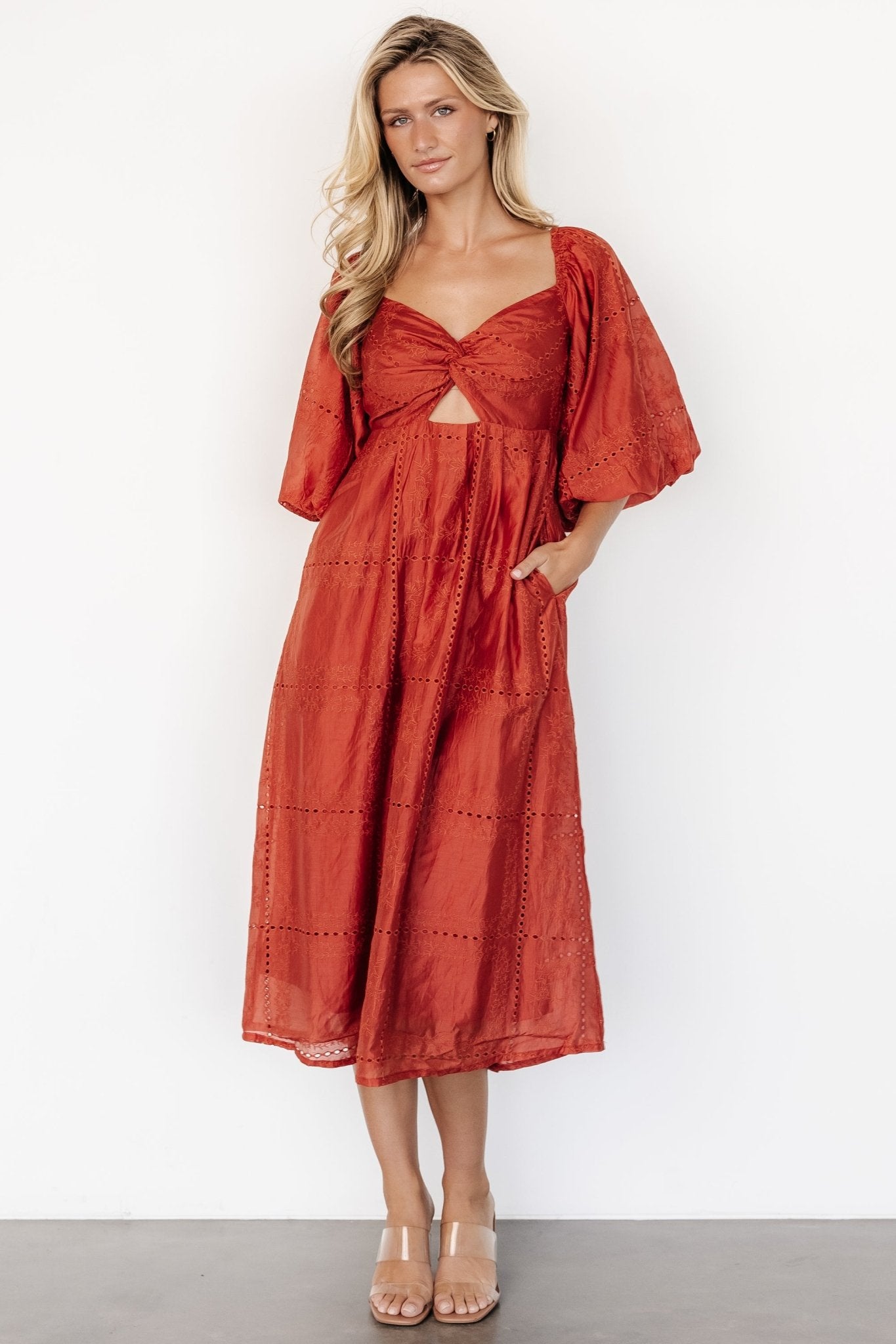 Brynn Rust Orange Midi Dress with Sweetheart Neckline & Pockets