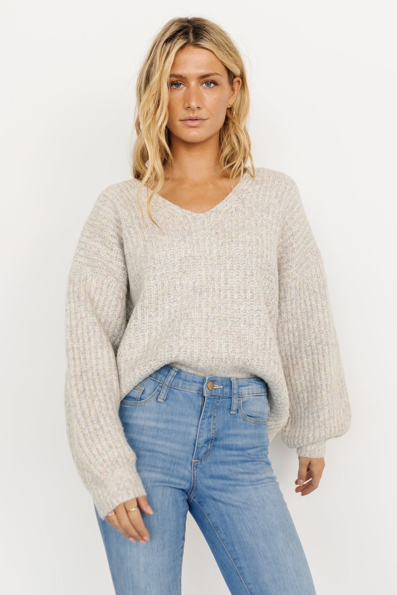 Brynna Bubble Sleeve Knit Sweater | V-Neck & Multi-Color