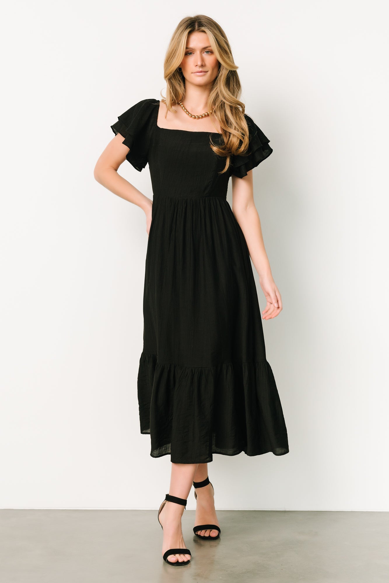 Black Buttercup Midi Dress with Ruffled Sleeves & Tiered Skirt