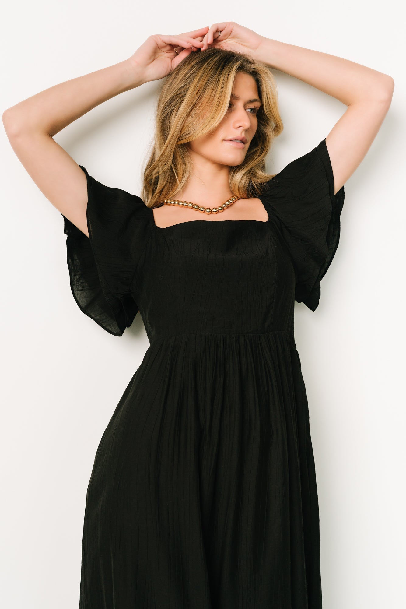 Black Buttercup Midi Dress with Ruffled Sleeves & Tiered Skirt