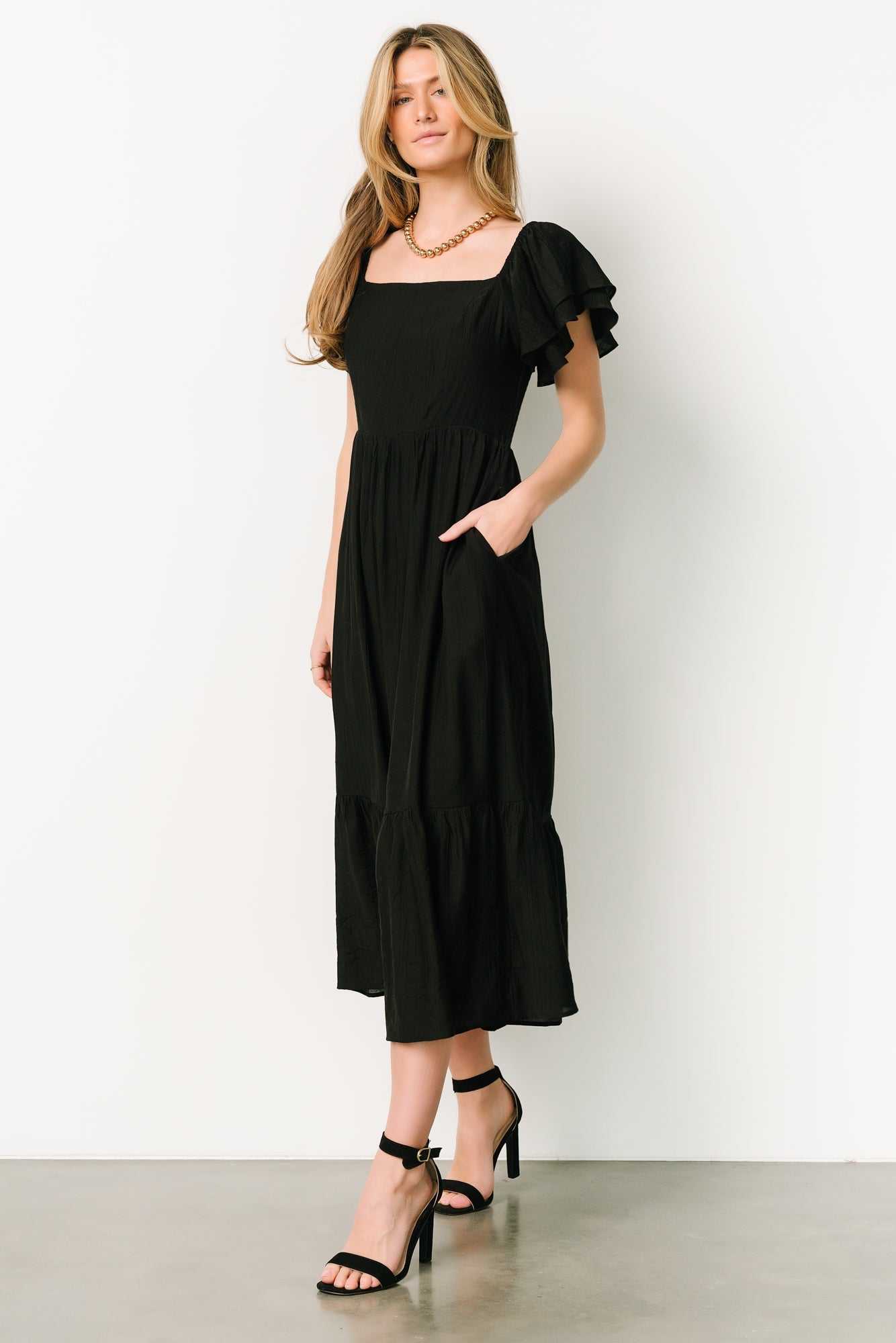 Black Buttercup Midi Dress with Ruffled Sleeves & Tiered Skirt