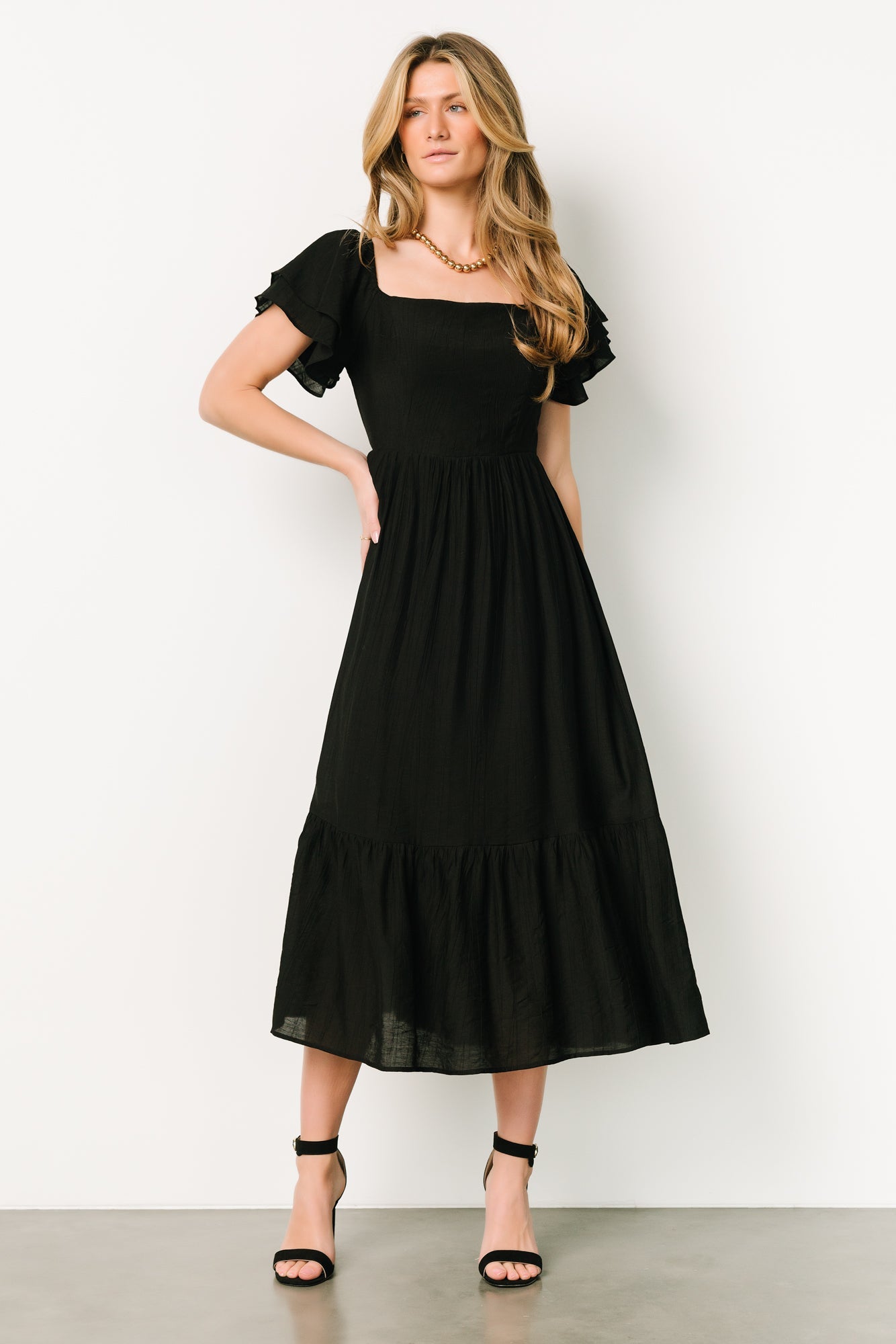 Black Buttercup Midi Dress with Ruffled Sleeves & Tiered Skirt
