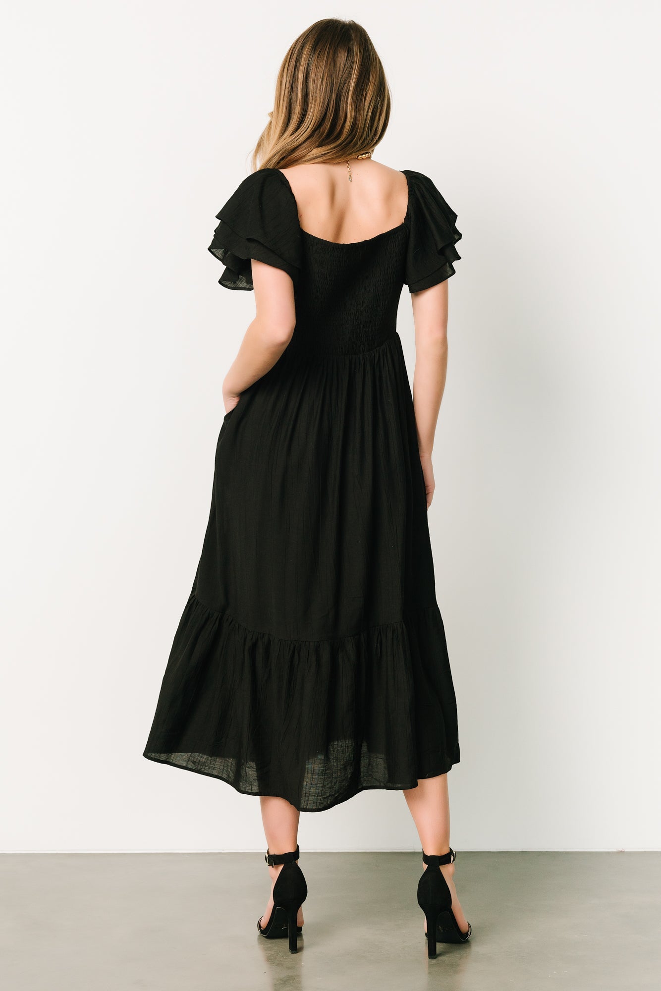 Black Buttercup Midi Dress with Ruffled Sleeves & Tiered Skirt