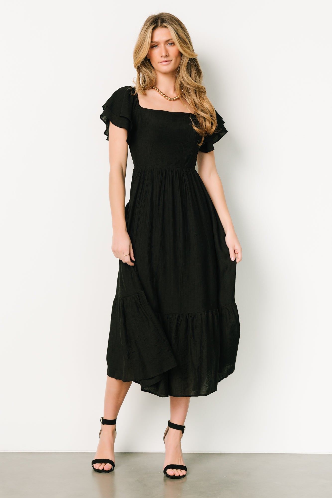 Black Buttercup Midi Dress with Ruffled Sleeves & Tiered Skirt