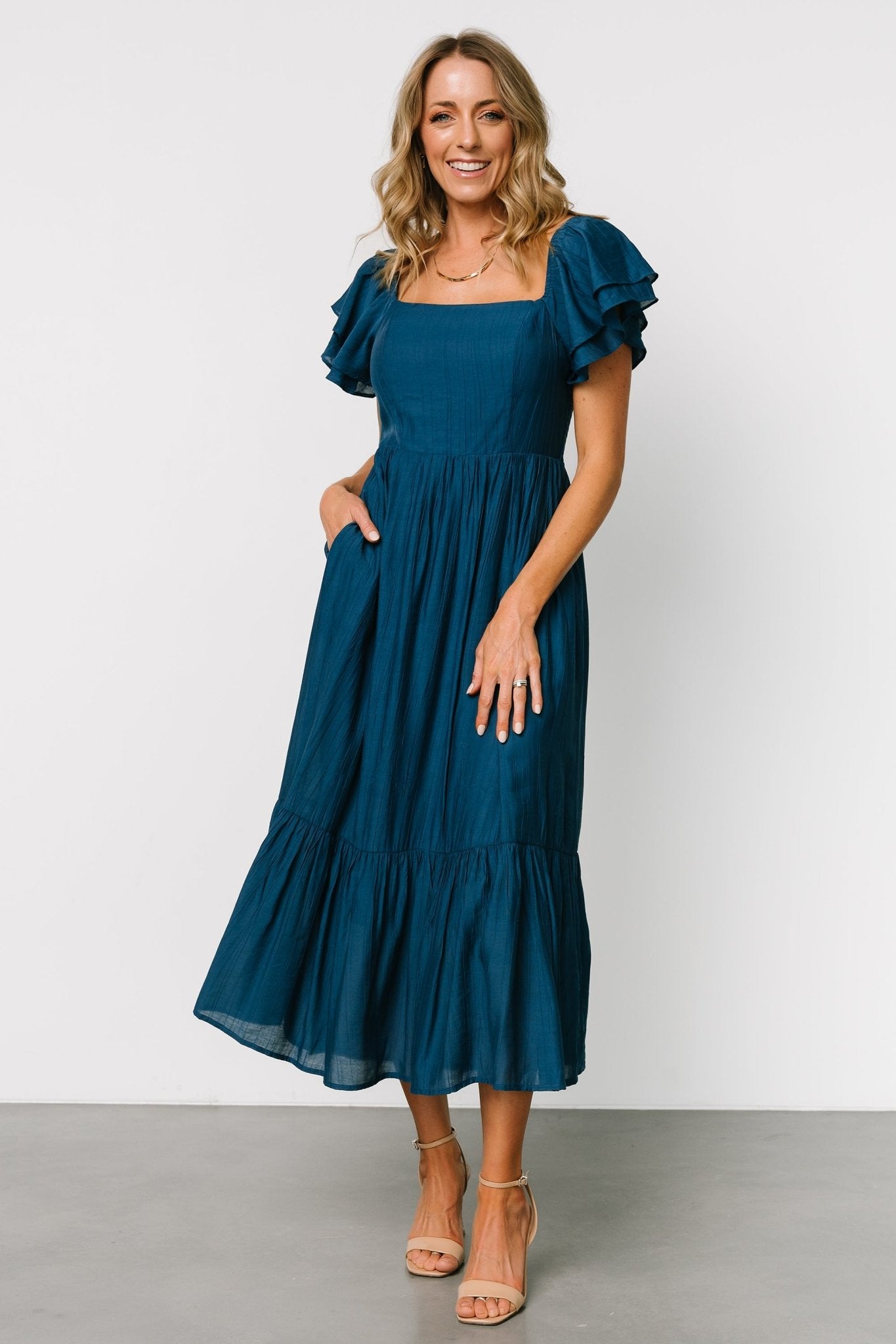 Baltic Born Buttercup Midi Dress - Deep Blue Square Neck Ruffled Sleeves