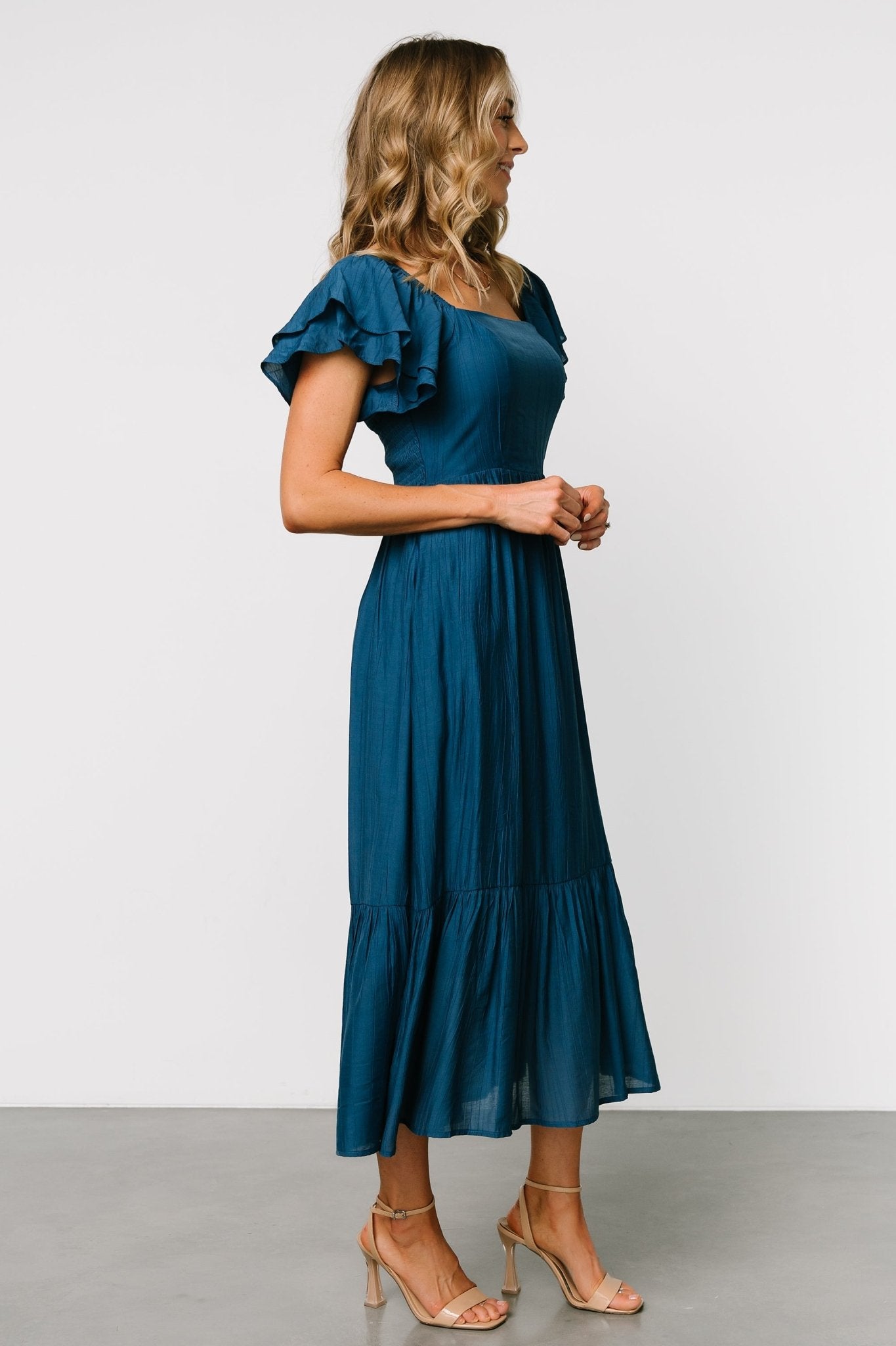 Baltic Born Buttercup Midi Dress - Deep Blue Square Neck Ruffled Sleeves