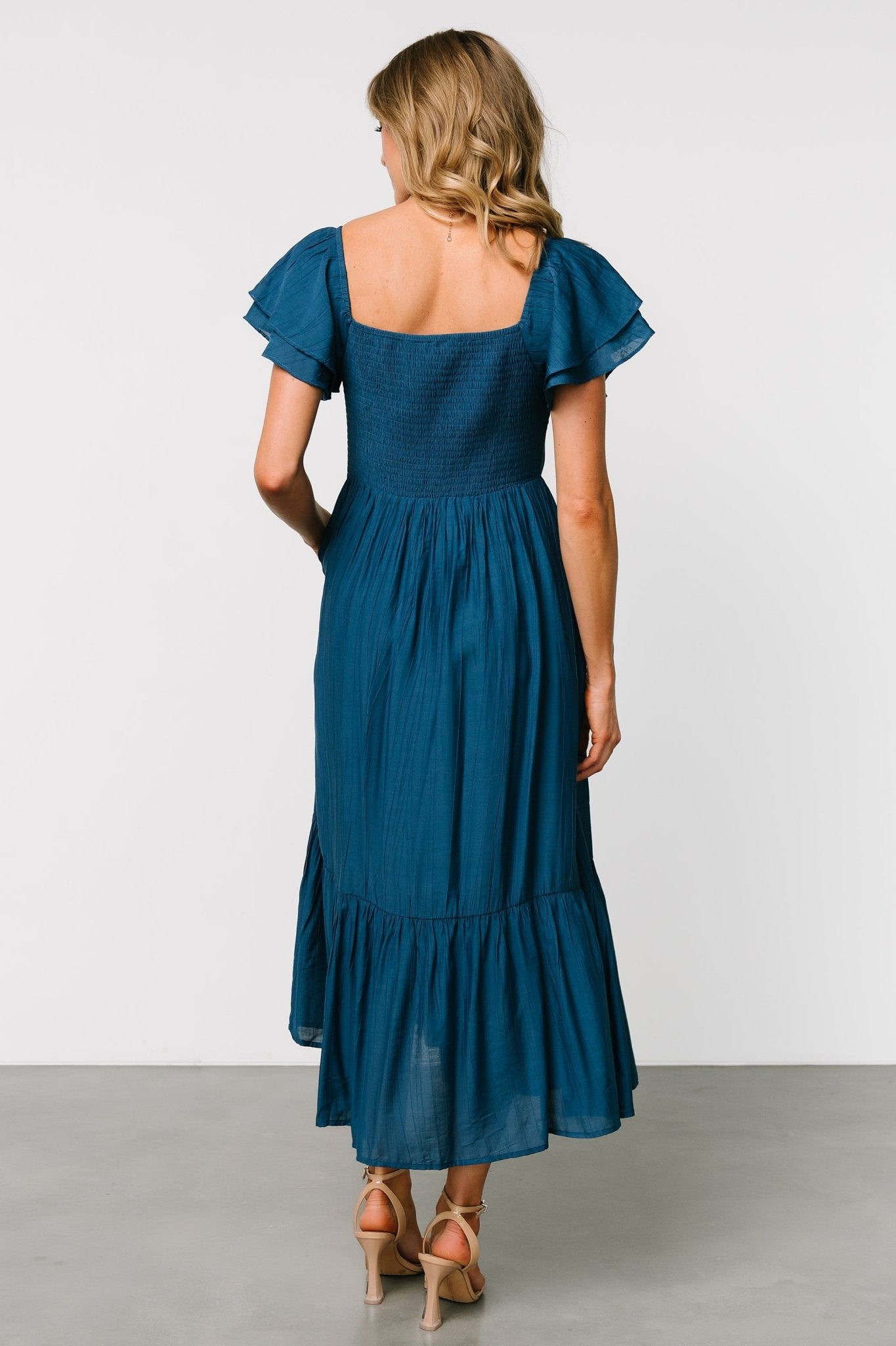 Baltic Born Buttercup Midi Dress - Deep Blue Square Neck Ruffled Sleeves