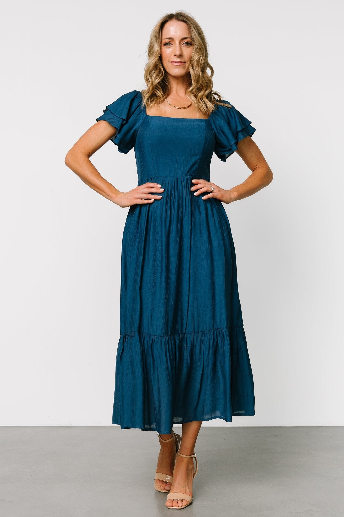 Baltic Born Buttercup Midi Dress - Deep Blue Square Neck Ruffled Sleeves