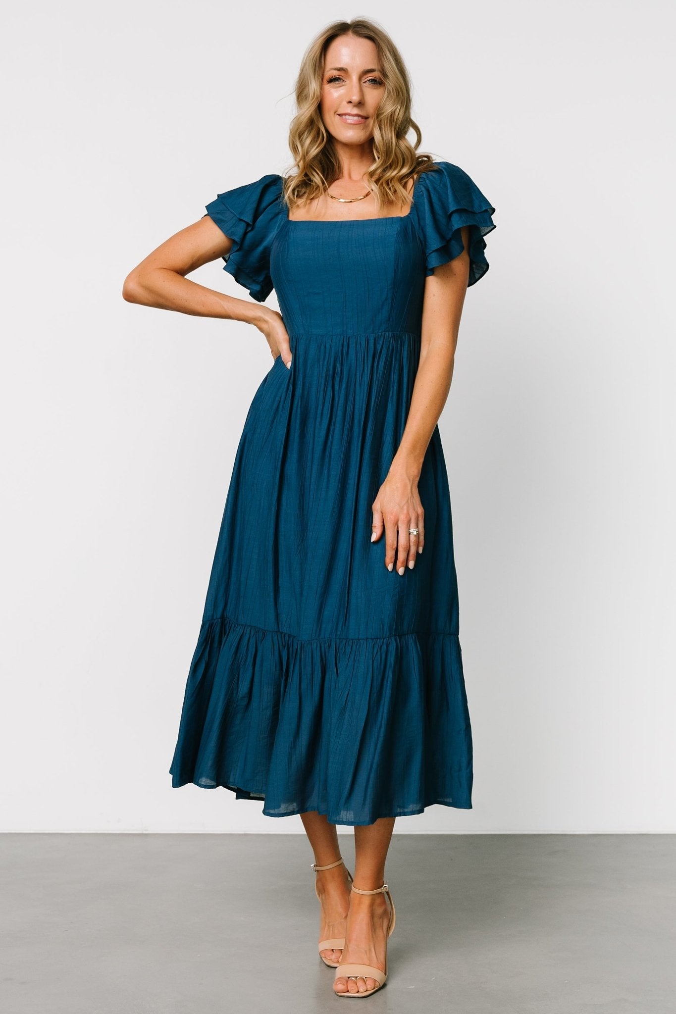 Baltic Born Buttercup Midi Dress - Deep Blue Square Neck Ruffled Sleeves