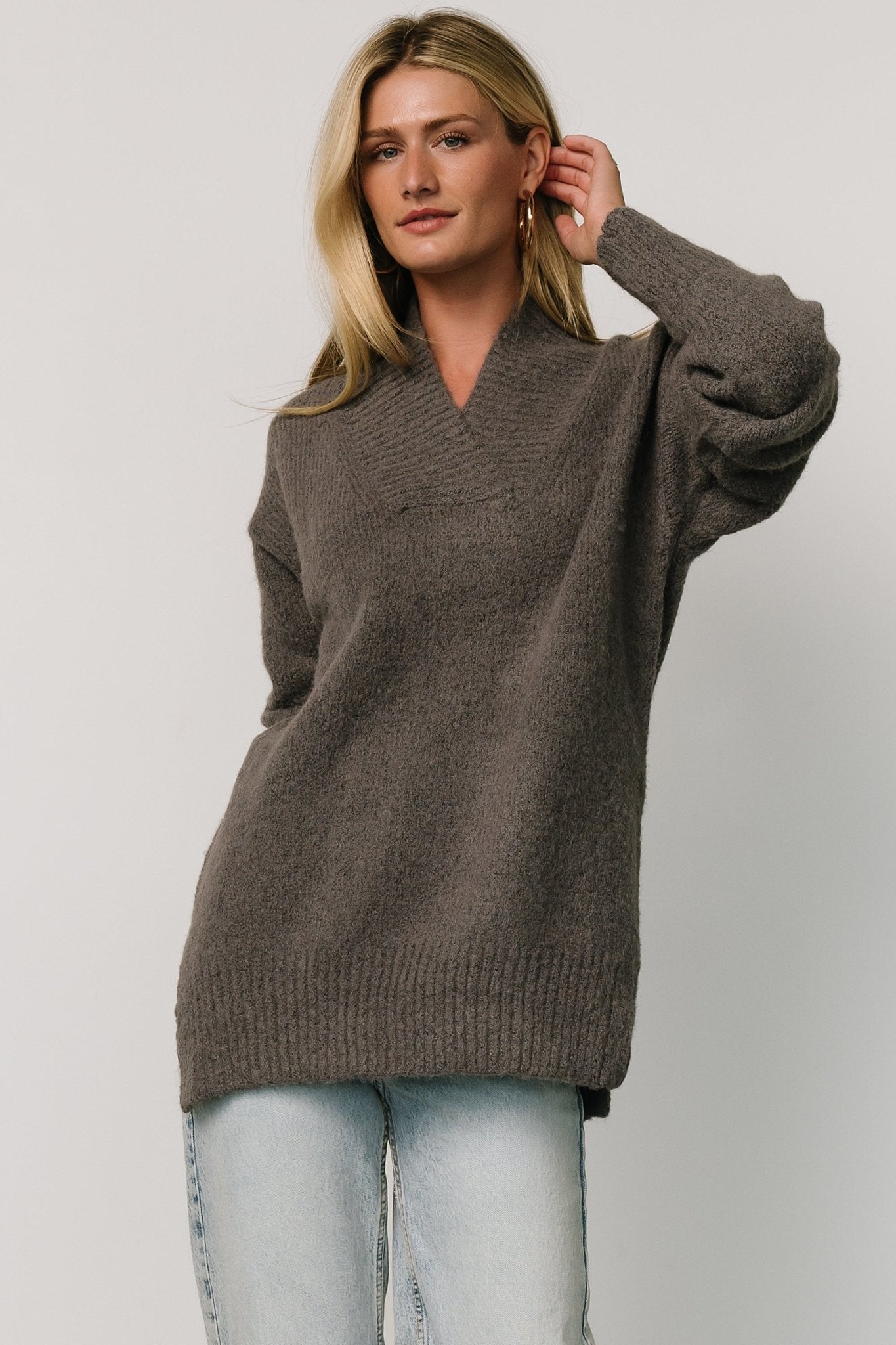 Charcoal Oversized Knit Sweater for Women | Thick Ribbed Neckline
