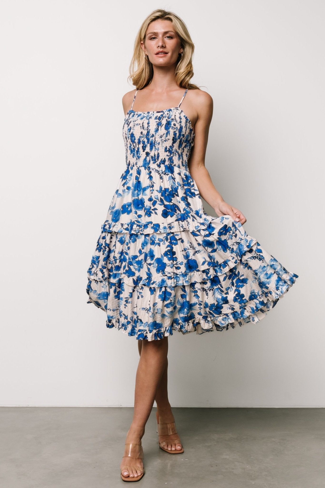 Calina Floral Midi Dress with Pockets - Ivory & Blue