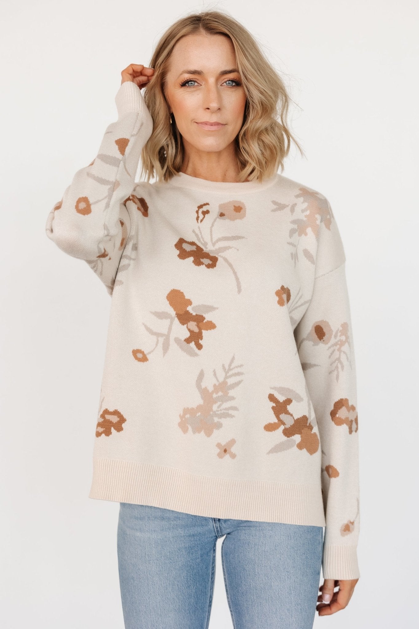 Floral Print Knit Sweater - Natural Cream Women's Pullover