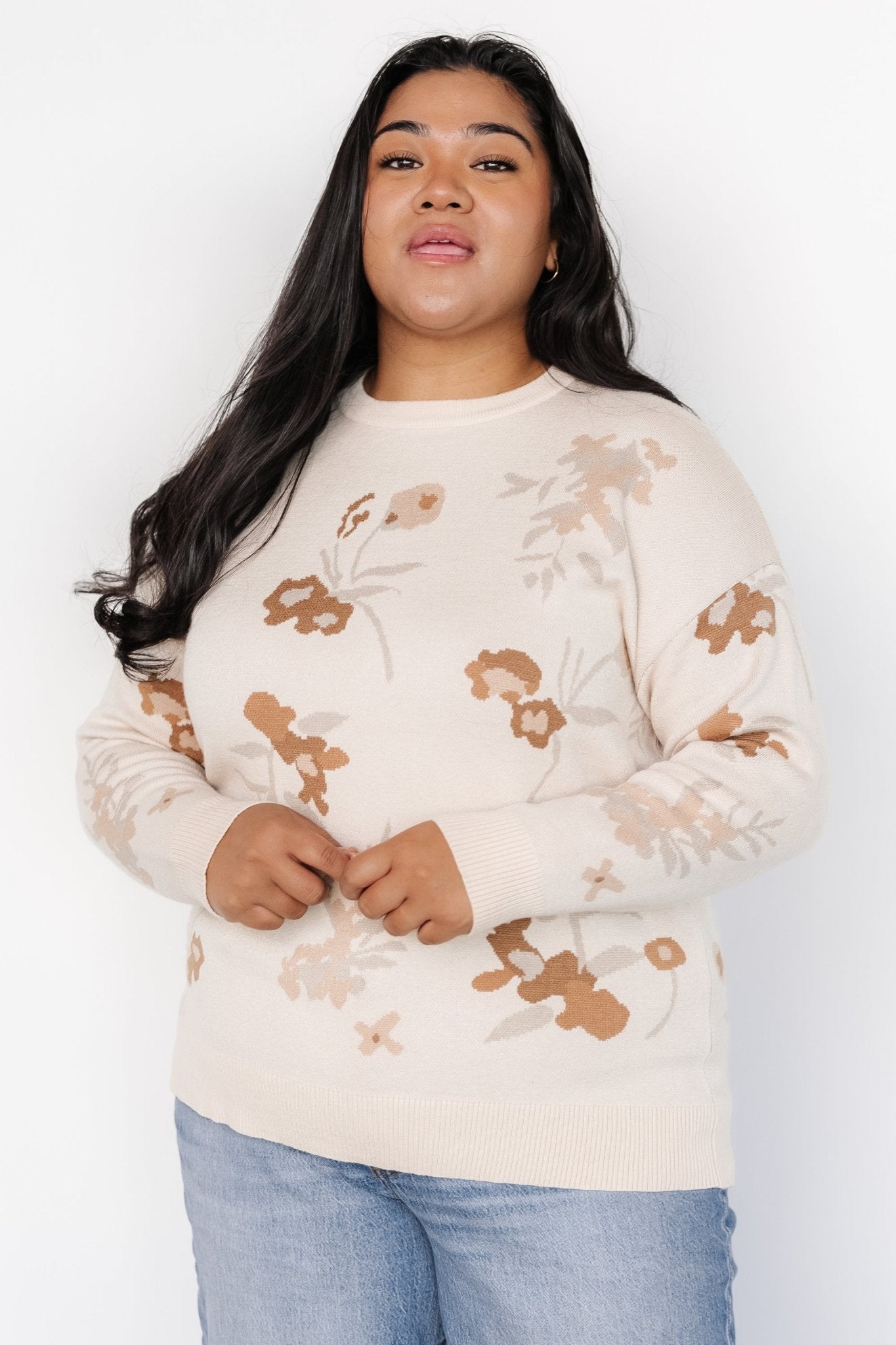Floral Print Knit Sweater - Natural Cream Women's Pullover